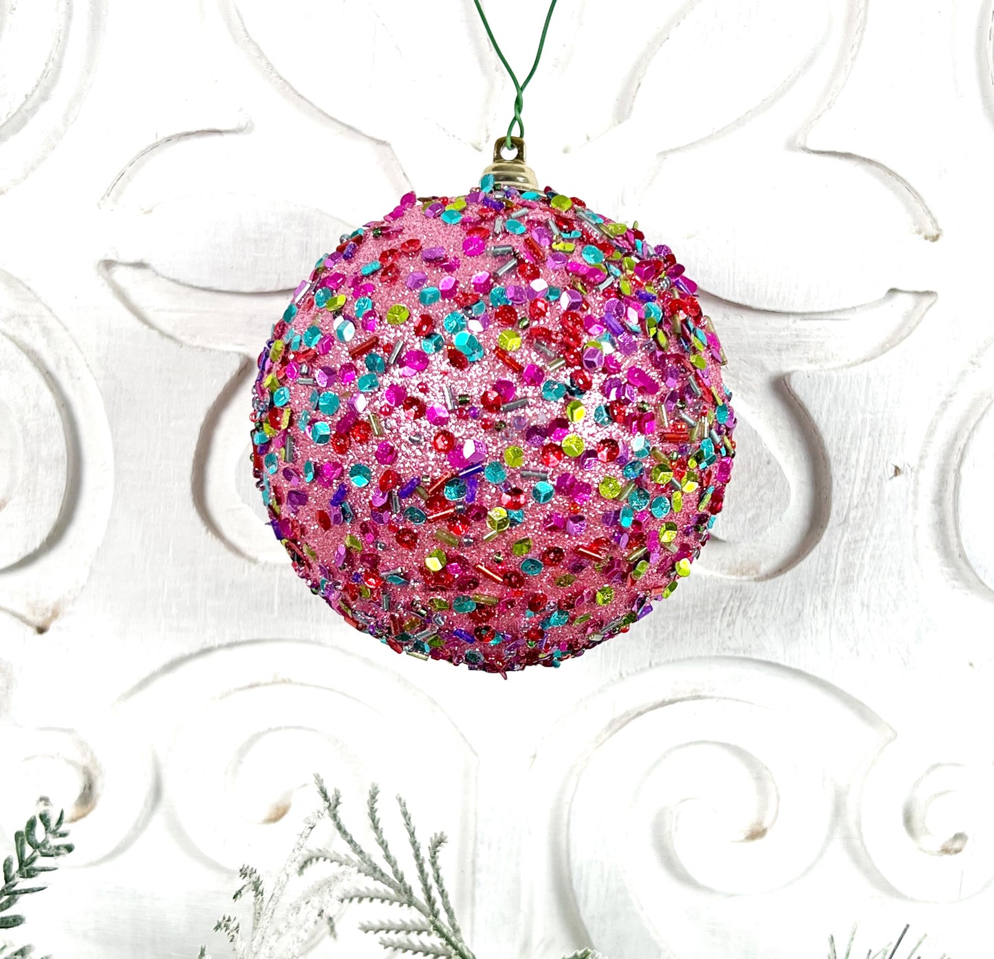 Pink Sequin Ornament, Farrisilk Christmas Bauble, Multicolor Beaded Ornament, Designer Holiday Decor, Glam Tree Ornament, Wreath Accent