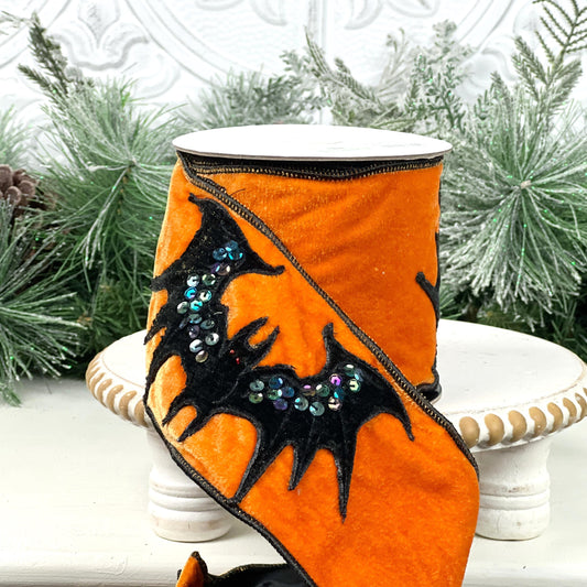 Orange Velvet Halloween Ribbon, Sequin Bat Ribbon, Luxury Halloween Decor, Designer Halloween Ribbon, Black and Orange Ribbon