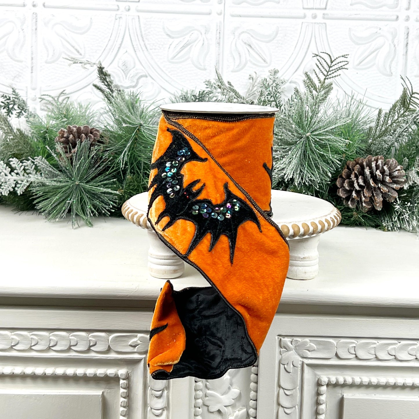 Orange Velvet Halloween Ribbon, Sequin Bat Ribbon, Luxury Halloween Decor, Designer Halloween Ribbon, Black and Orange Ribbon