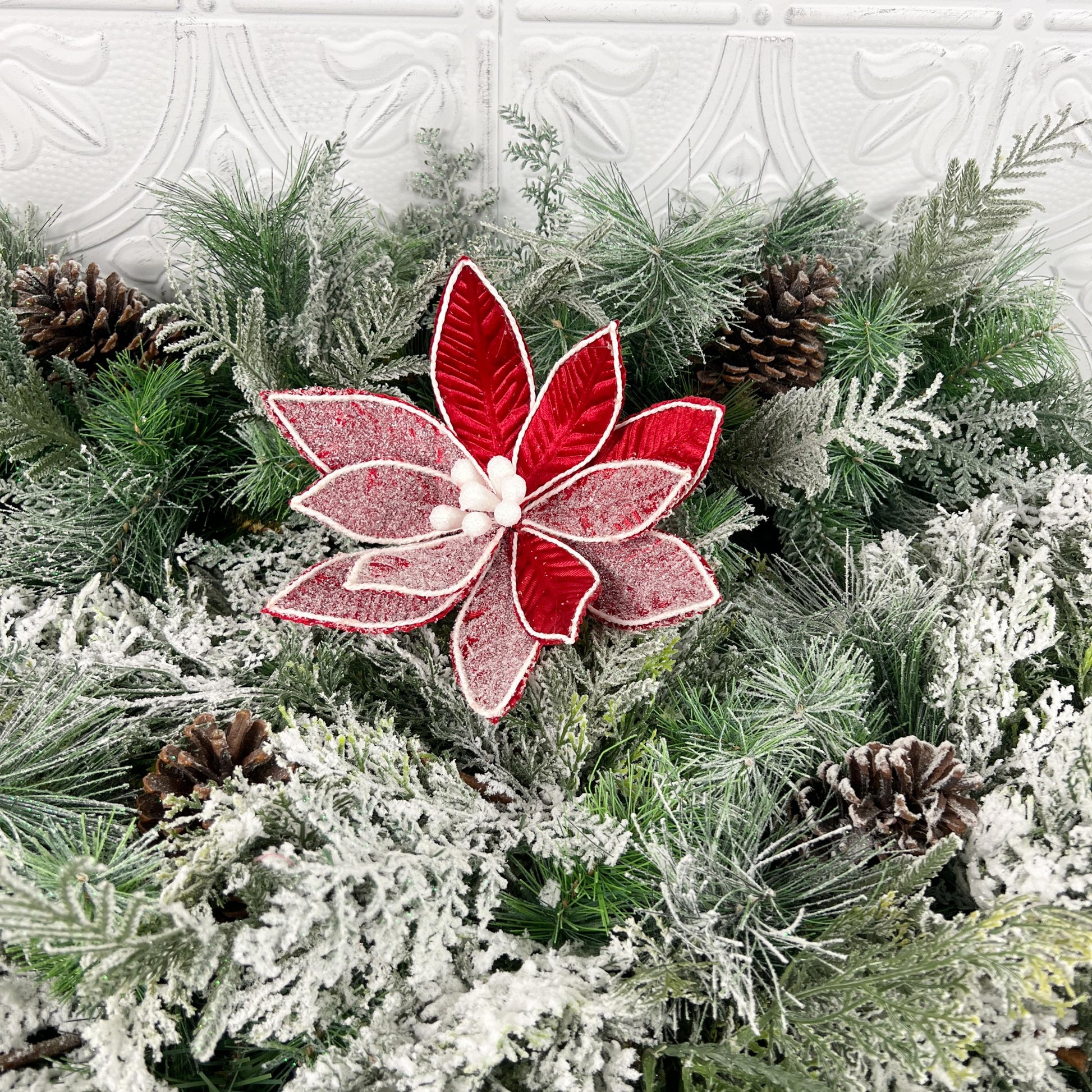 Frosted Poinsettia Stem, Red Poinsettia Stem, Christmas Floral, Holiday Wreath Attachment, Winter Wedding Decor, Red & White Poinsettia Stem