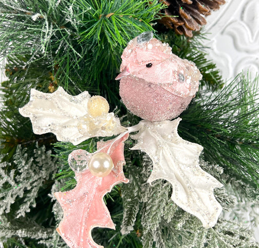 Jeweled Bird Clip Ornament, Pink and Cream Holly Ornament, Holiday Bird Decoration, Wedding Clip Ornament, Luxury Tree Accent