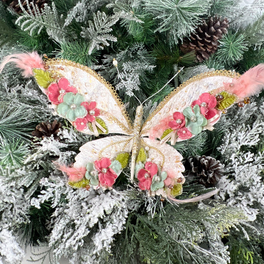 Floral Butterfly Ornament, Glitter Garden Butterfly, Pink Mint Gold Clip, Fairy Tree Decoration, Wedding Butterfly Clip