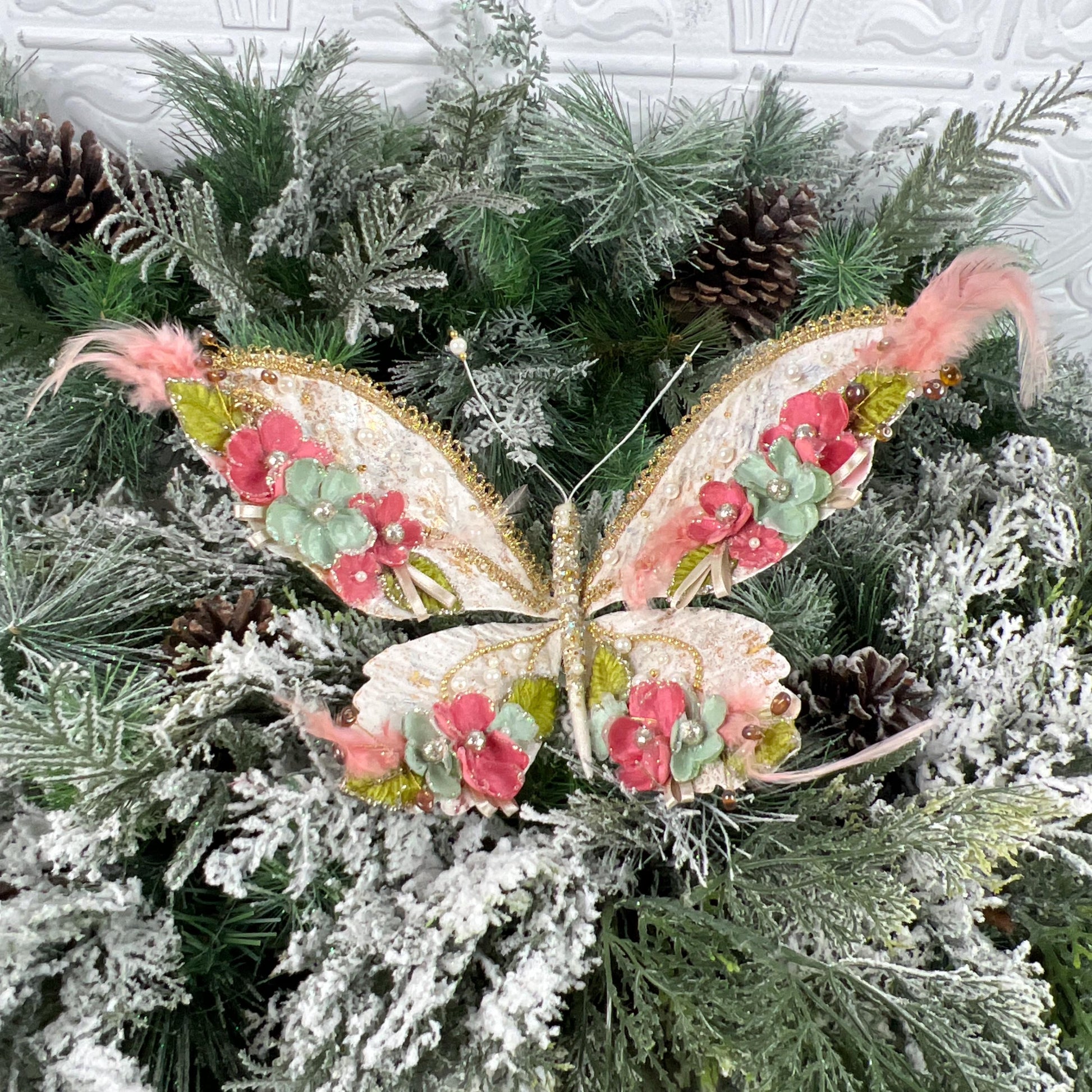 Floral Butterfly Ornament, Glitter Garden Butterfly, Pink Mint Gold Clip, Fairy Tree Decoration, Wedding Butterfly Clip