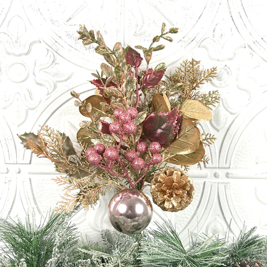 18" Pink and Gold Glitter Leaf Berry and Cone Spray, Gold Glitter Leaf Spray with Pink Berries and Ornaments, Pine Cone and Berry Stem