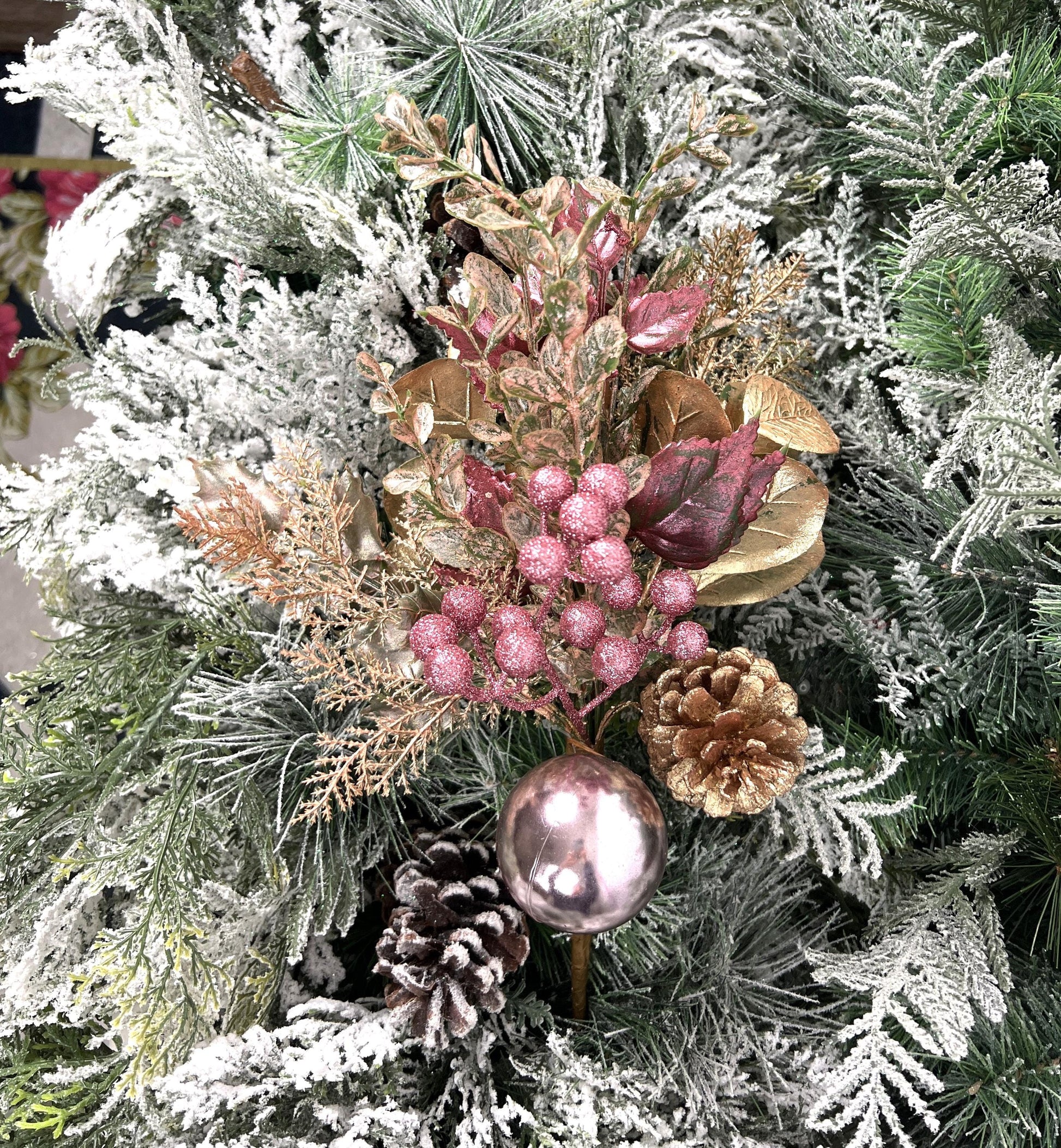 18" Pink and Gold Glitter Leaf Berry and Cone Spray, Gold Glitter Leaf Spray with Pink Berries and Ornaments, Pine Cone and Berry Stem