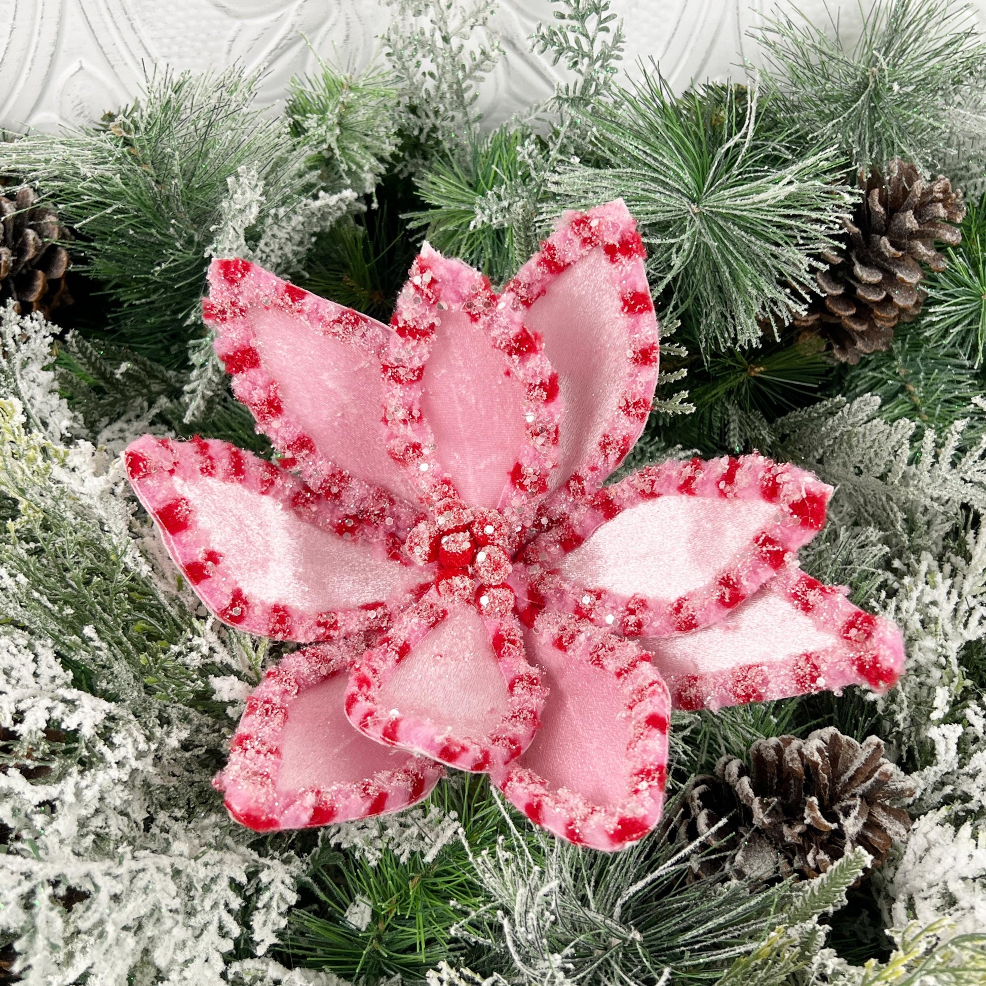 Pink and Red Glitter Poinsettia Stem, 22" Pink Poinsettia Stem, Christmas Decor, Wreath Decor, Tree Decoration, Holiday Floral,
