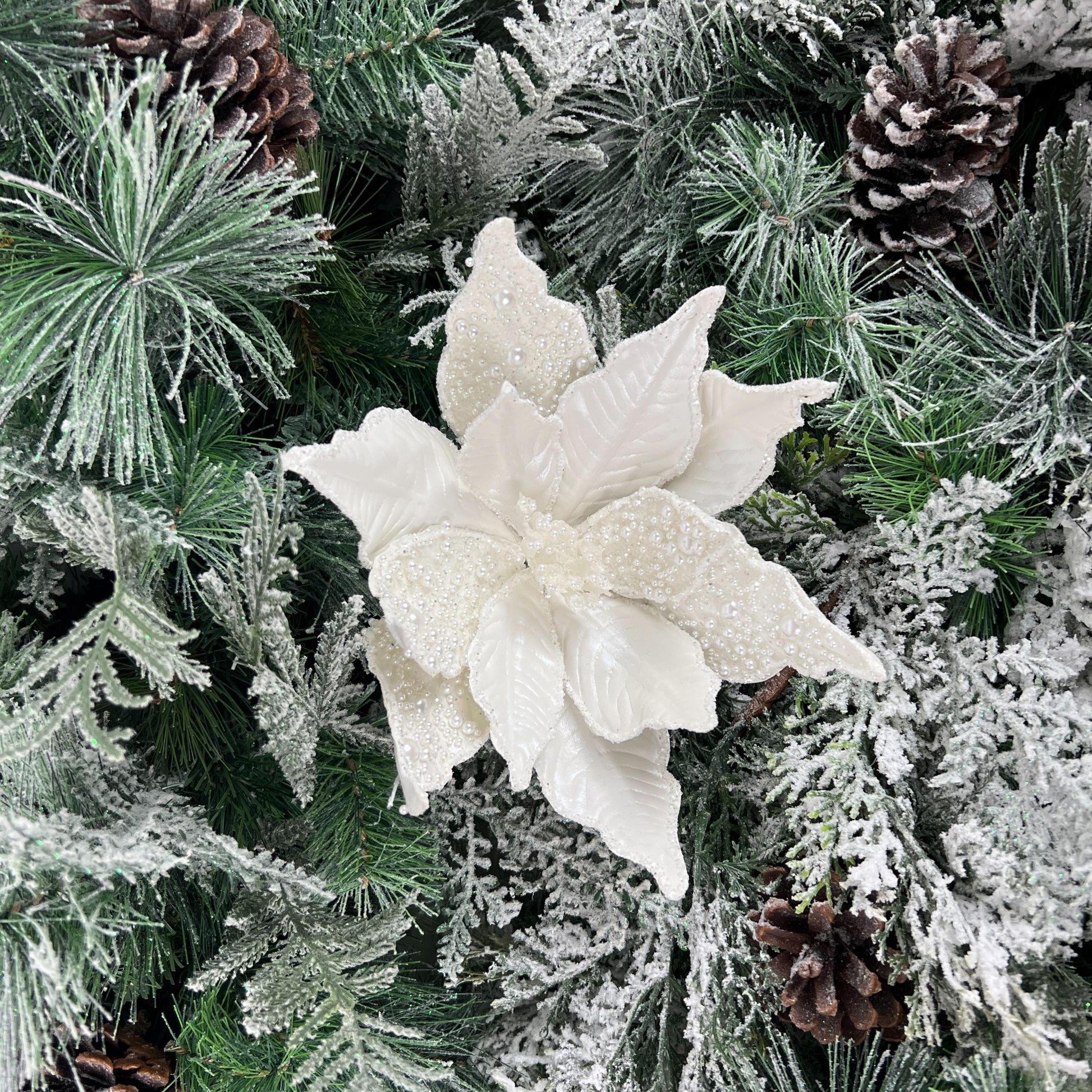 Ivory Pearl Poinsettia Stem, Beaded Holiday Floral, White Glitter Poinsettia, Christmas Flower Pick, Wedding Floral, Wreath Attachment