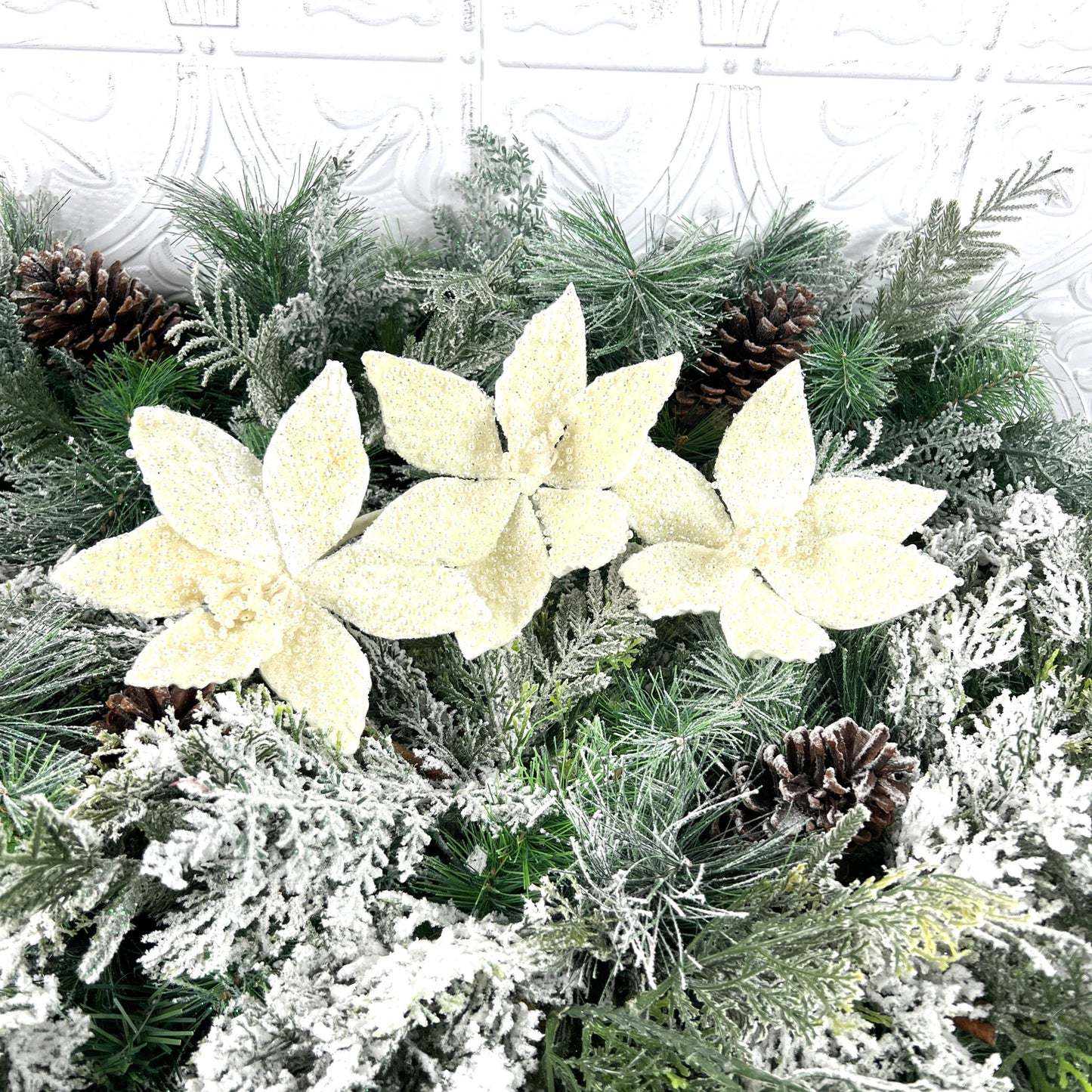 Ivory Pearl Triple Poinsettia Stem, Beaded Holiday Floral, White Glitter Poinsettia, Christmas Floral, Wedding Floral, Wreath Attachment