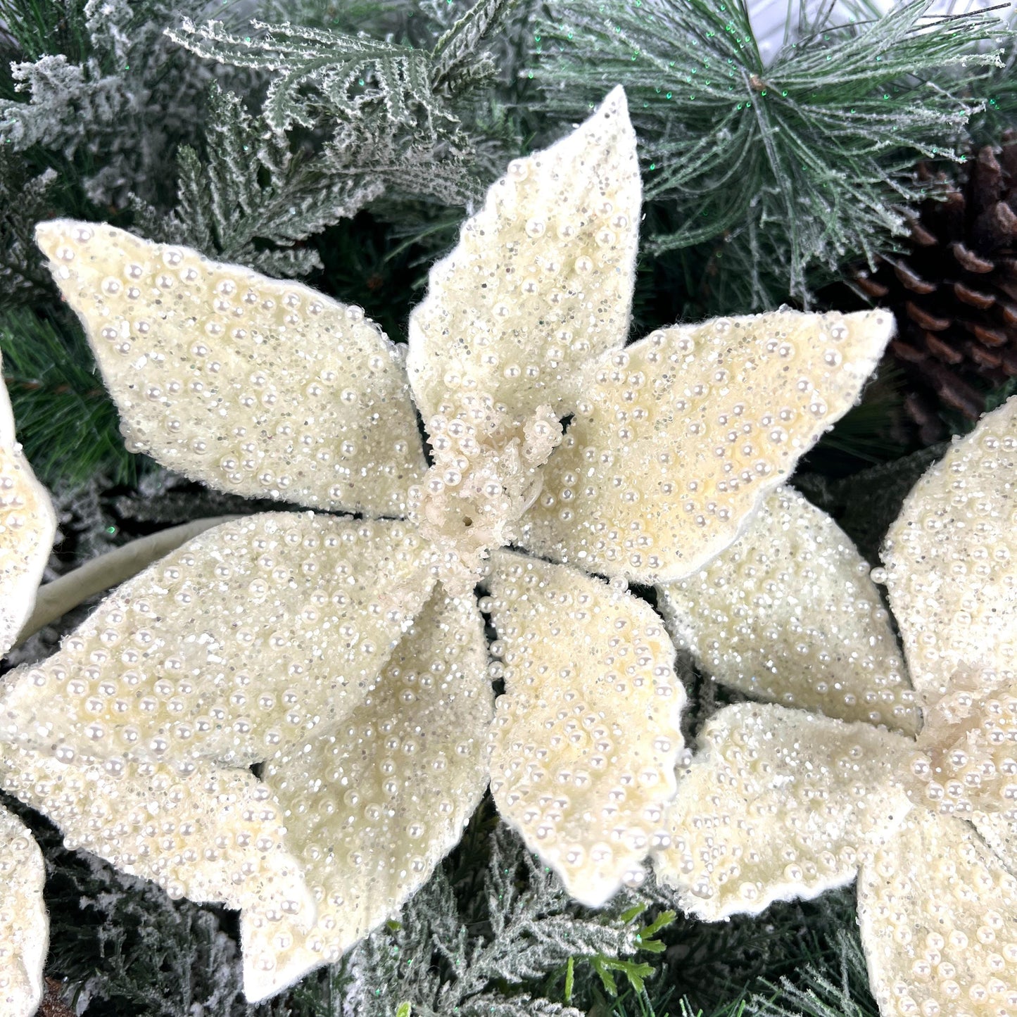 Ivory Pearl Triple Poinsettia Stem, Beaded Holiday Floral, White Glitter Poinsettia, Christmas Floral, Wedding Floral, Wreath Attachment