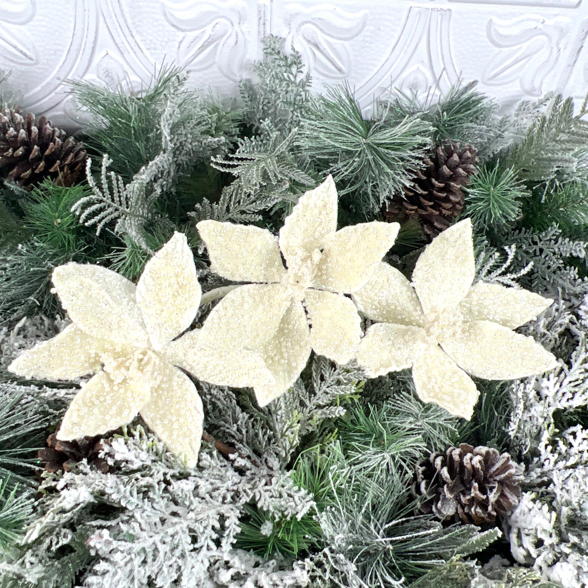 Ivory Pearl Triple Poinsettia Stem, Beaded Holiday Floral, White Glitter Poinsettia, Christmas Floral, Wedding Floral, Wreath Attachment