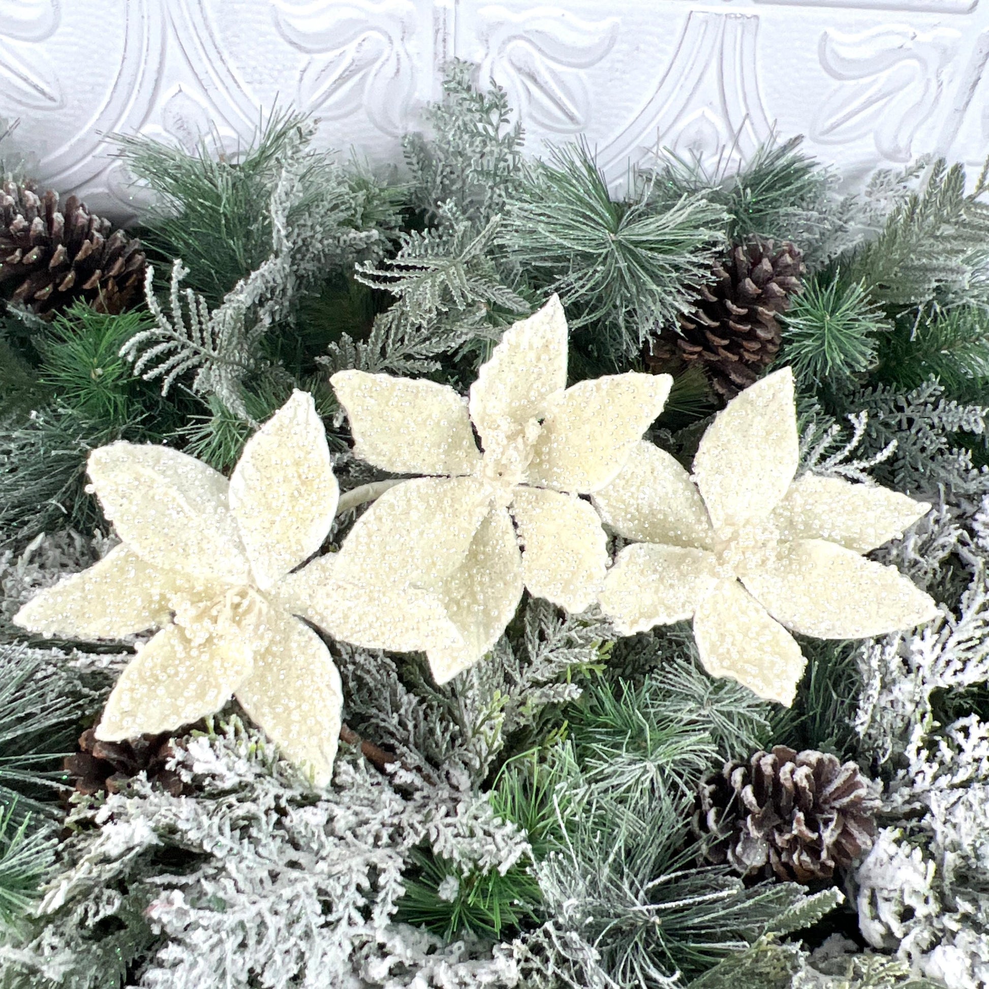 Ivory Pearl Triple Poinsettia Stem, Beaded Holiday Floral, White Glitter Poinsettia, Christmas Floral, Wedding Floral, Wreath Attachment