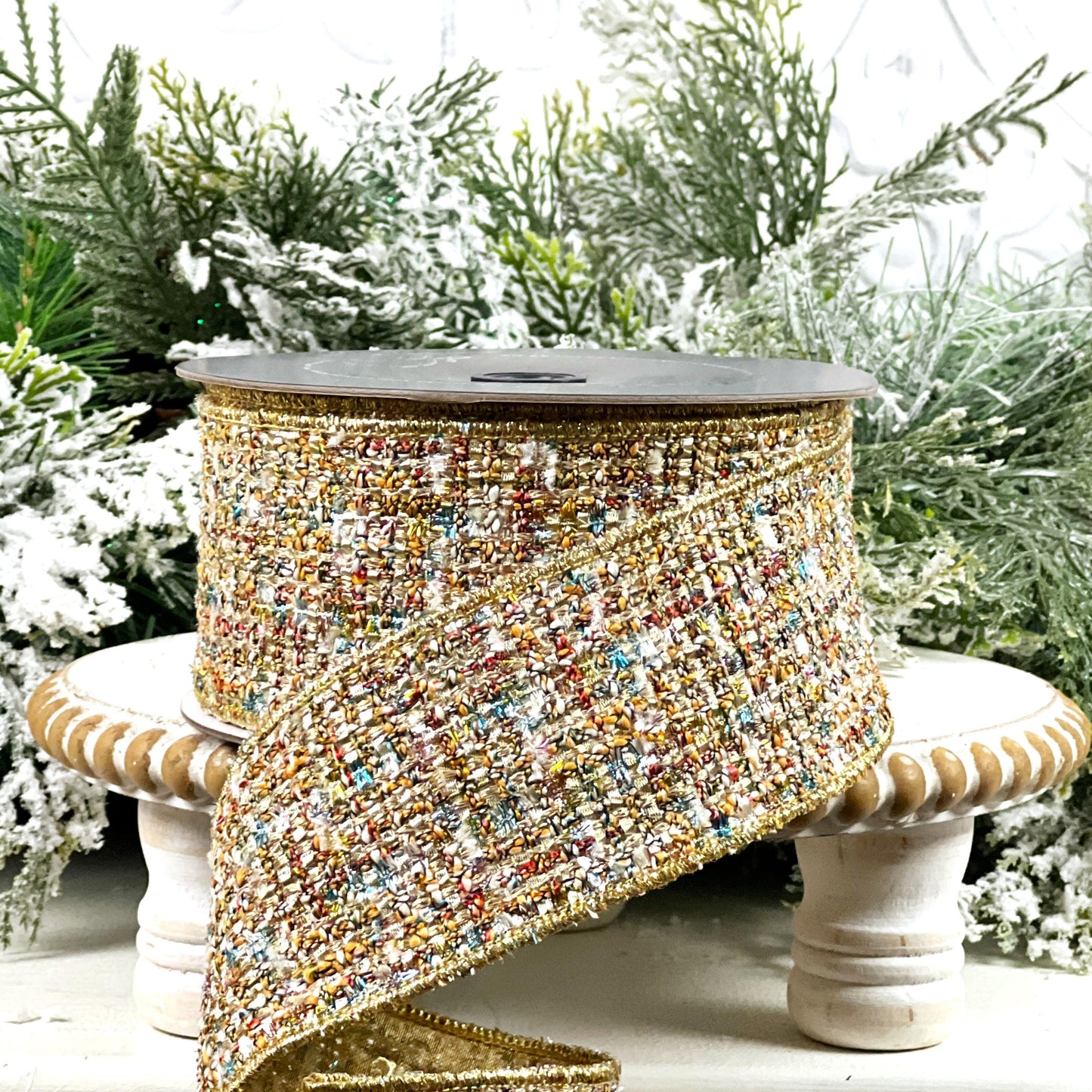 Farrisilk Multi-Colored Tweed Ribbon, Gold Tweed Holiday Decor, Luxury Ribbon for Wreaths