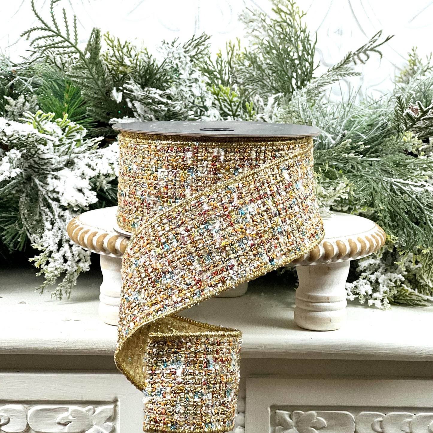 Farrisilk Multi-Colored Tweed Ribbon, Gold Tweed Holiday Decor, Luxury Ribbon for Wreaths