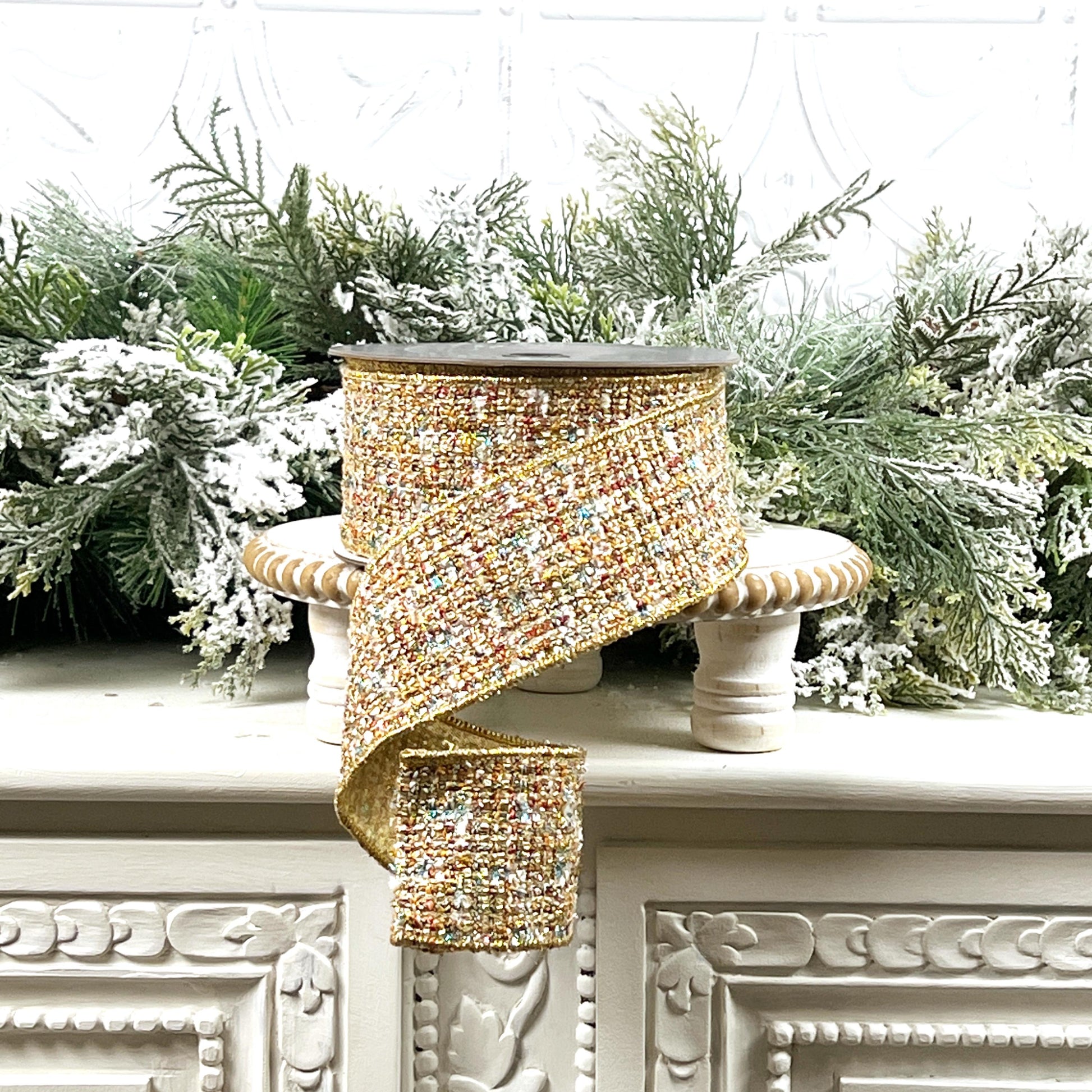 Farrisilk Multi-Colored Tweed Ribbon, Gold Tweed Holiday Decor, Luxury Ribbon for Wreaths