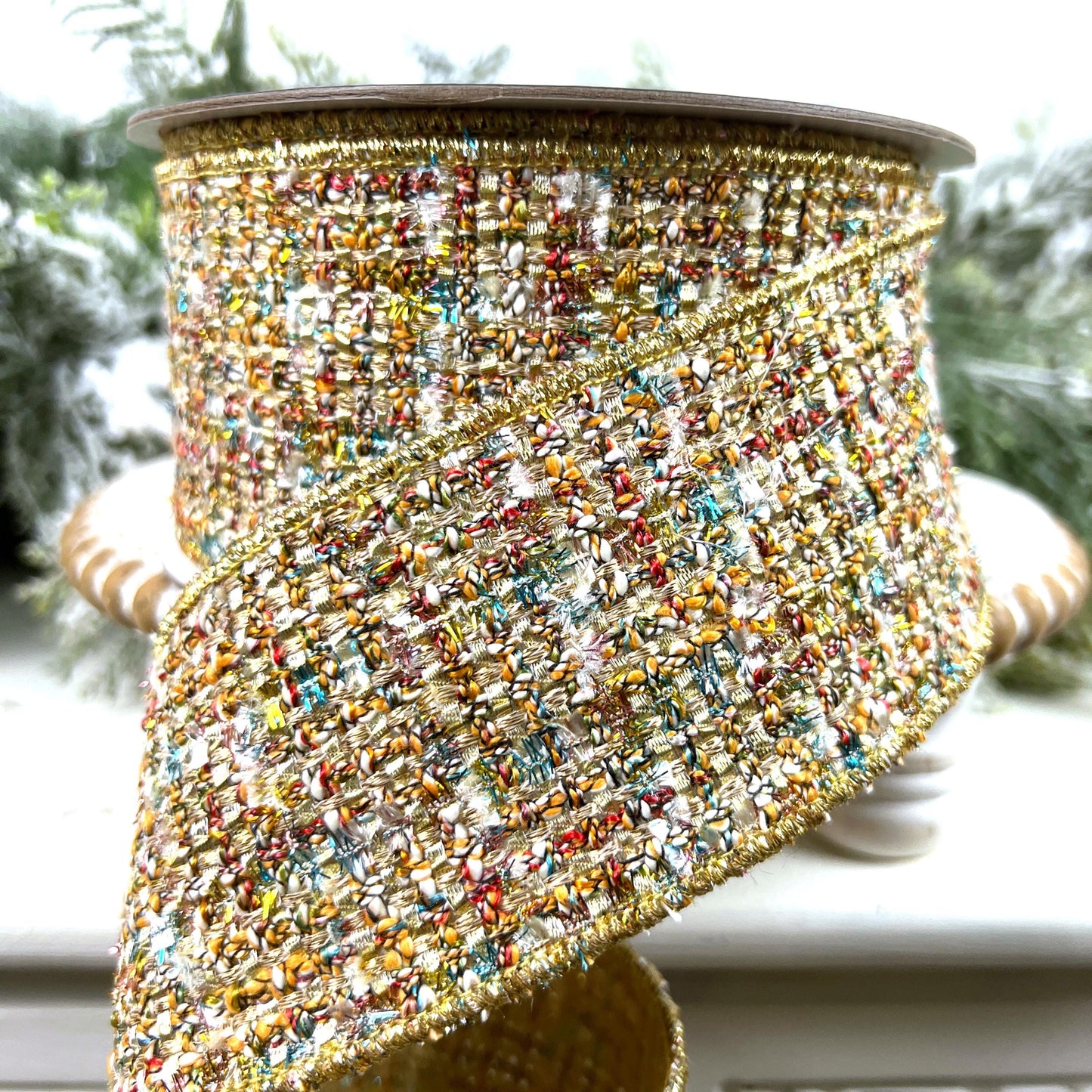 Farrisilk Multi-Colored Tweed Ribbon, Gold Tweed Holiday Decor, Luxury Ribbon for Wreaths