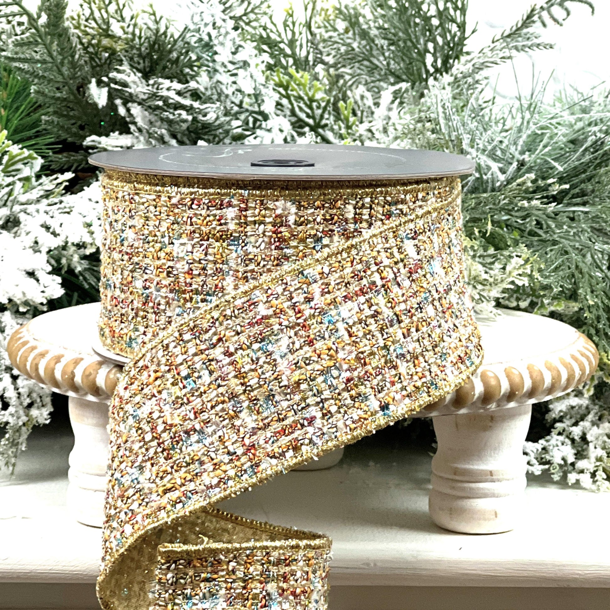 Farrisilk Multi-Colored Tweed Ribbon, Gold Tweed Holiday Decor, Luxury Ribbon for Wreaths