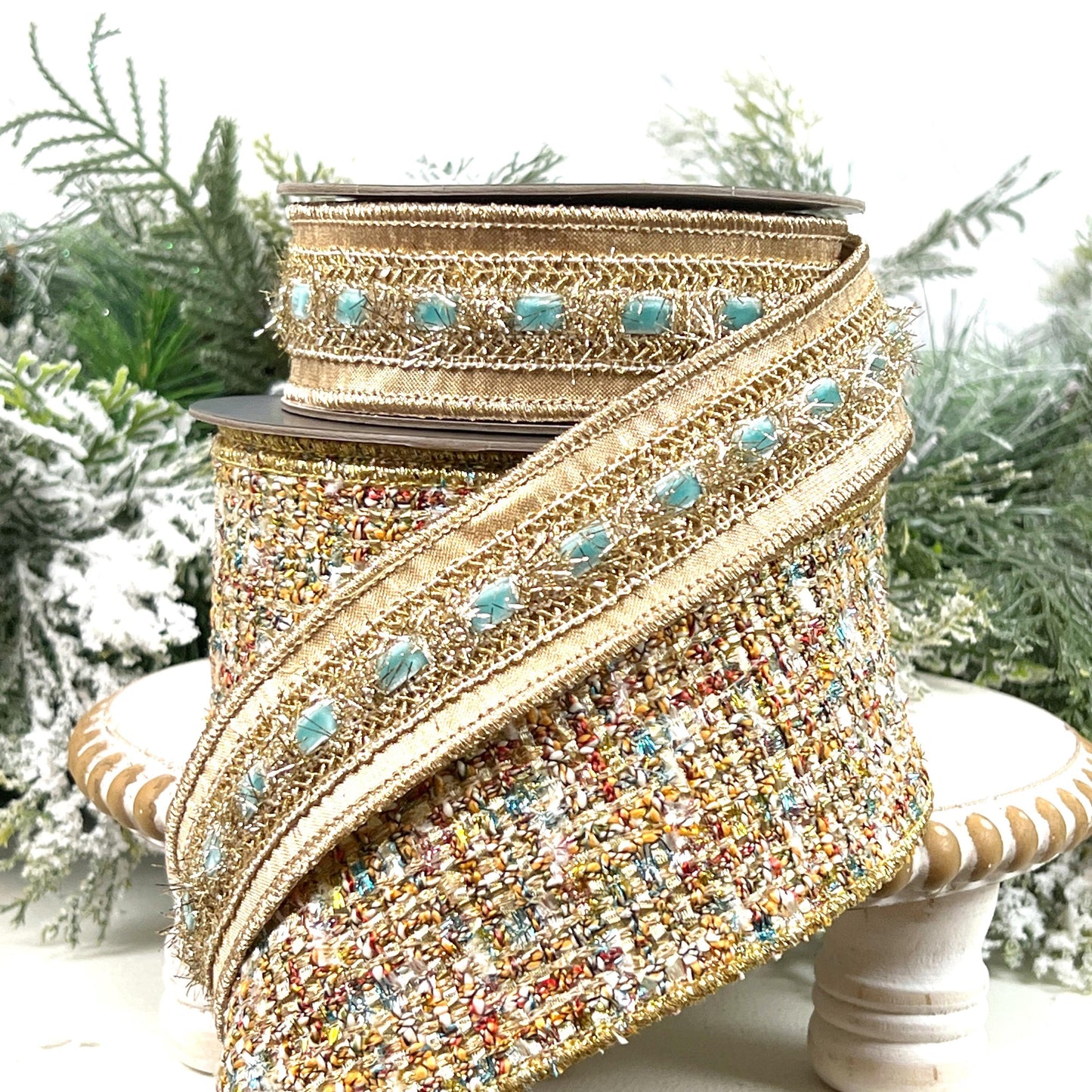 Farrisilk Multi-Colored Tweed Ribbon, Gold Tweed Holiday Decor, Luxury Ribbon for Wreaths