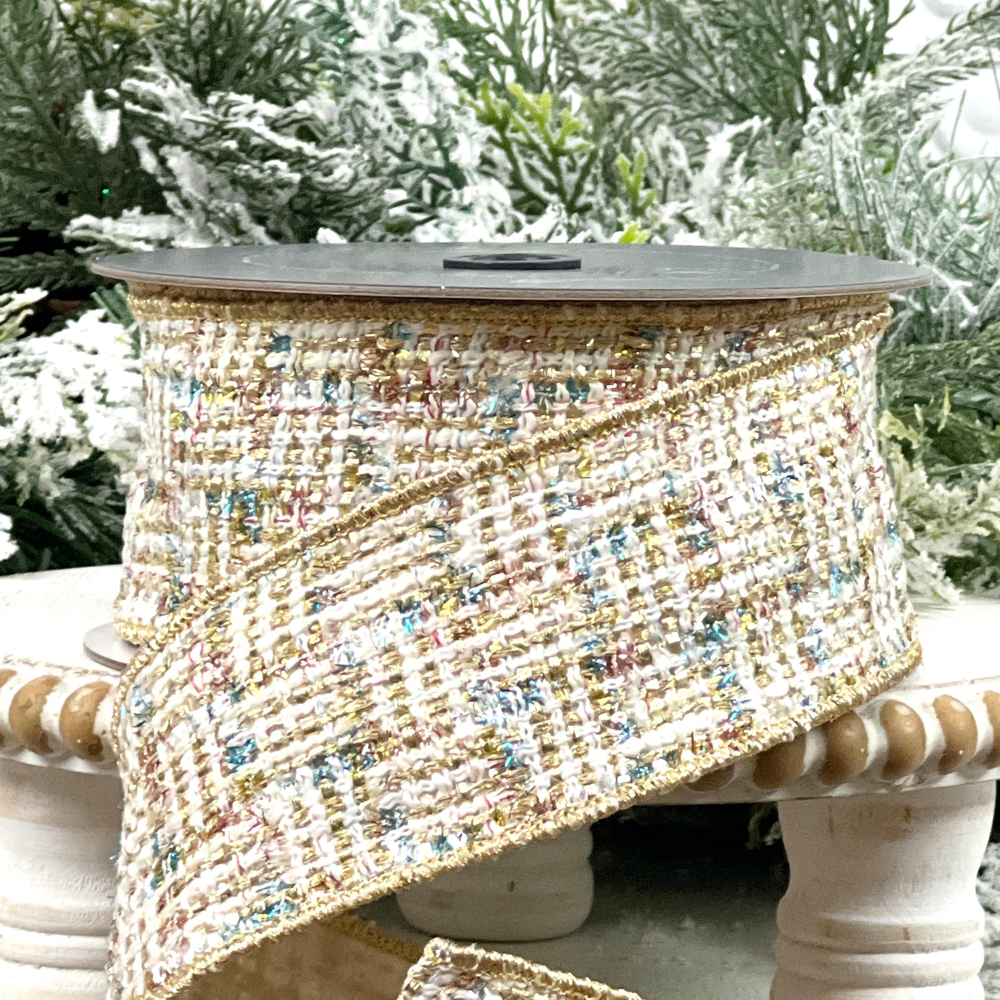 Farrisilk Cream Gold and Blue Tweed Ribbon, Multi-Colored Wired Ribbon, Luxury Holiday Ribbon for Wreaths