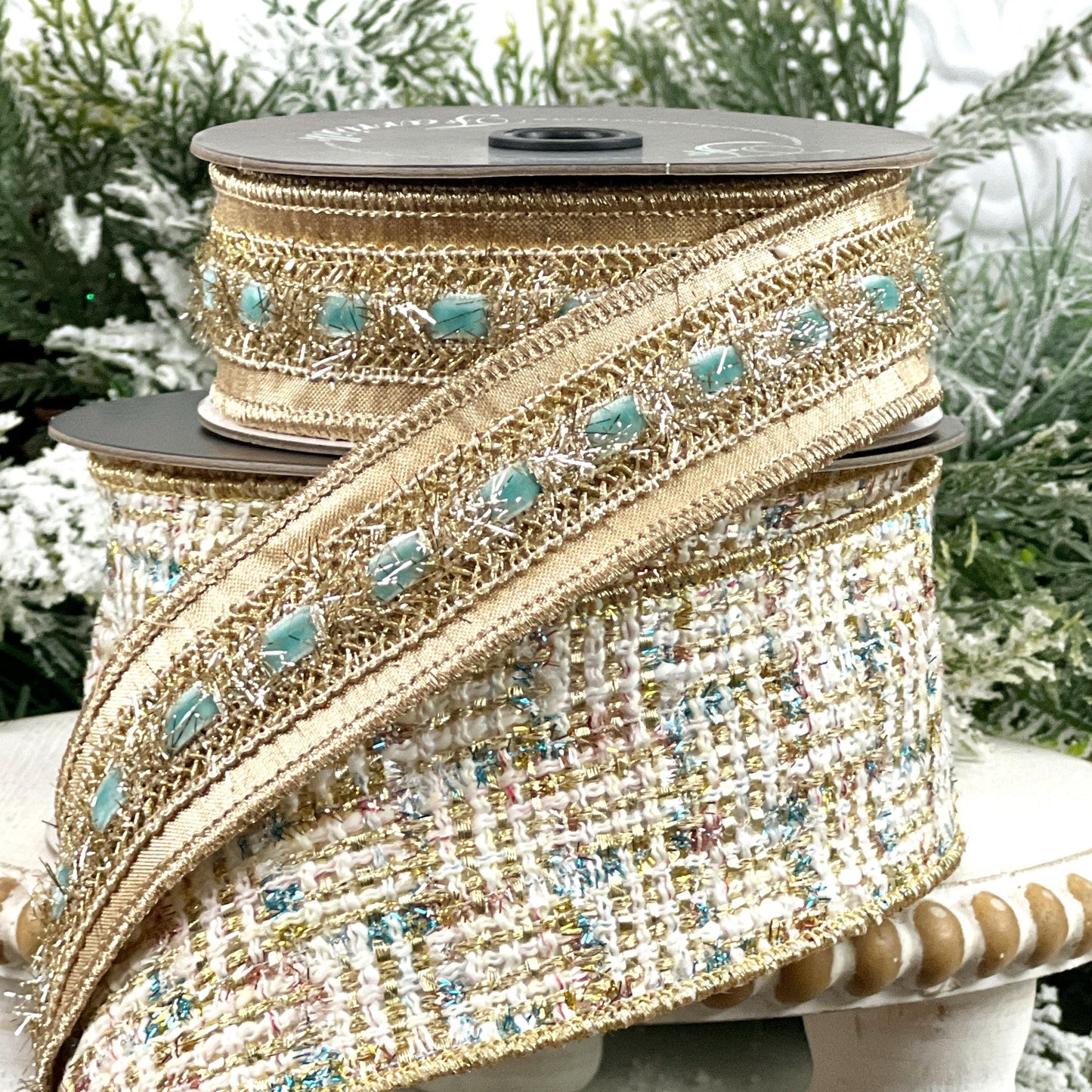 Farrisilk Cream Gold and Blue Tweed Ribbon, Multi-Colored Wired Ribbon, Luxury Holiday Ribbon for Wreaths