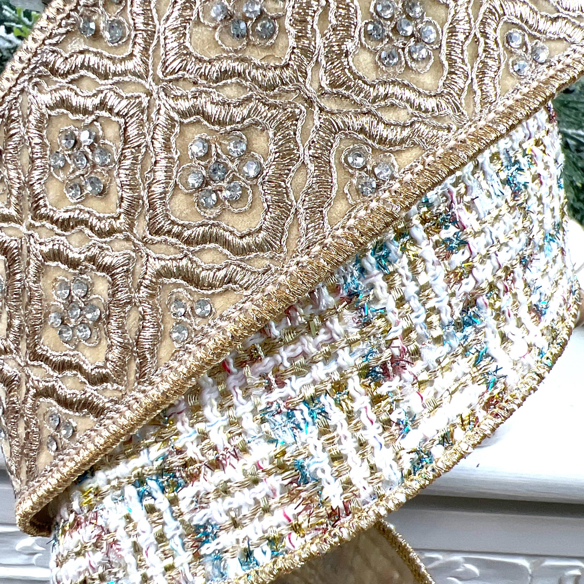 Farrisilk Cream Gold and Blue Tweed Ribbon, Multi-Colored Wired Ribbon, Luxury Holiday Ribbon for Wreaths