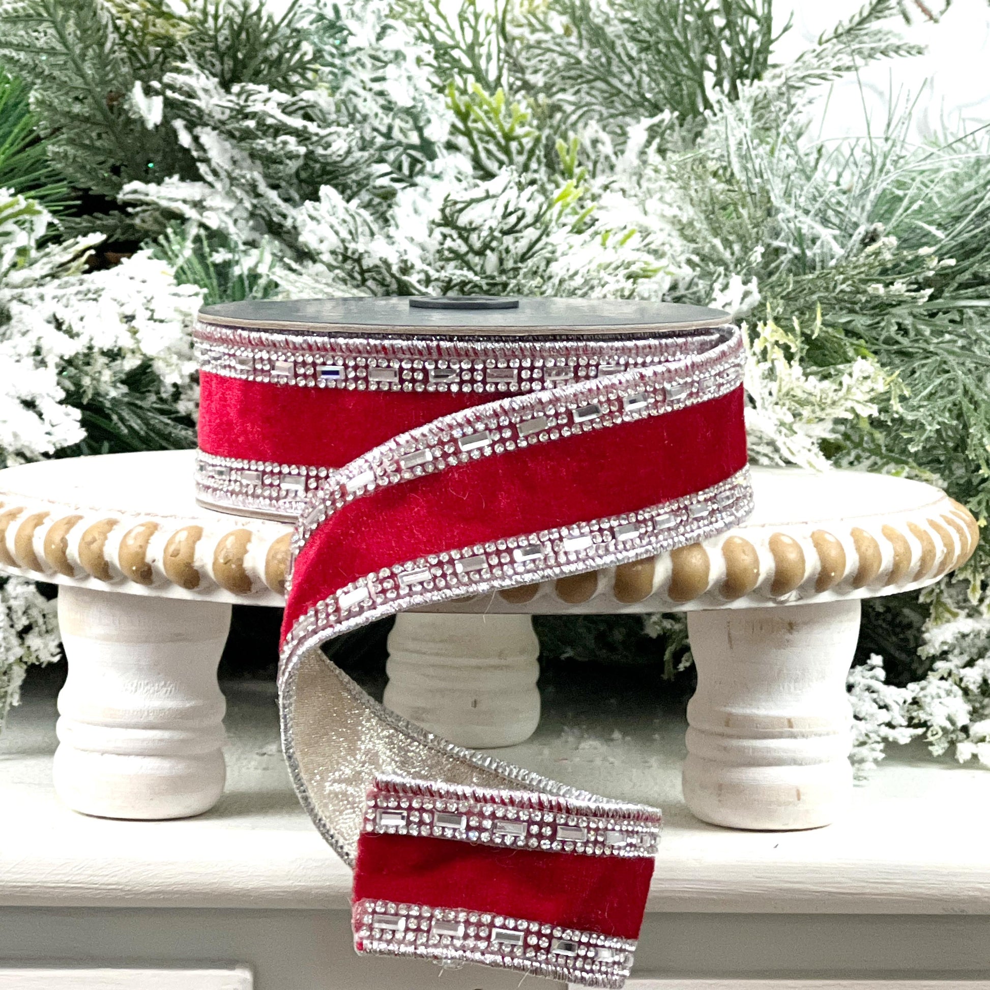 Farrisilk Shimmering Gems Red Velvet Ribbon, Jeweled Wired Christmas Ribbon, Luxury Holiday Bow