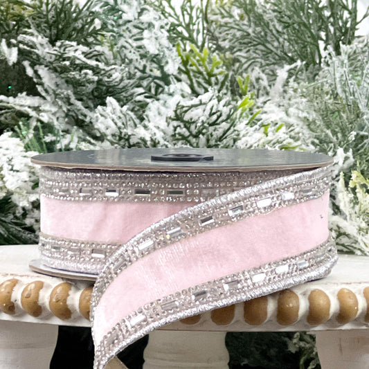 Farrisilk Shimmering Gems Pink Velvet Ribbon, Light Pink Jeweled Christmas Ribbon, Luxury Holiday Bow