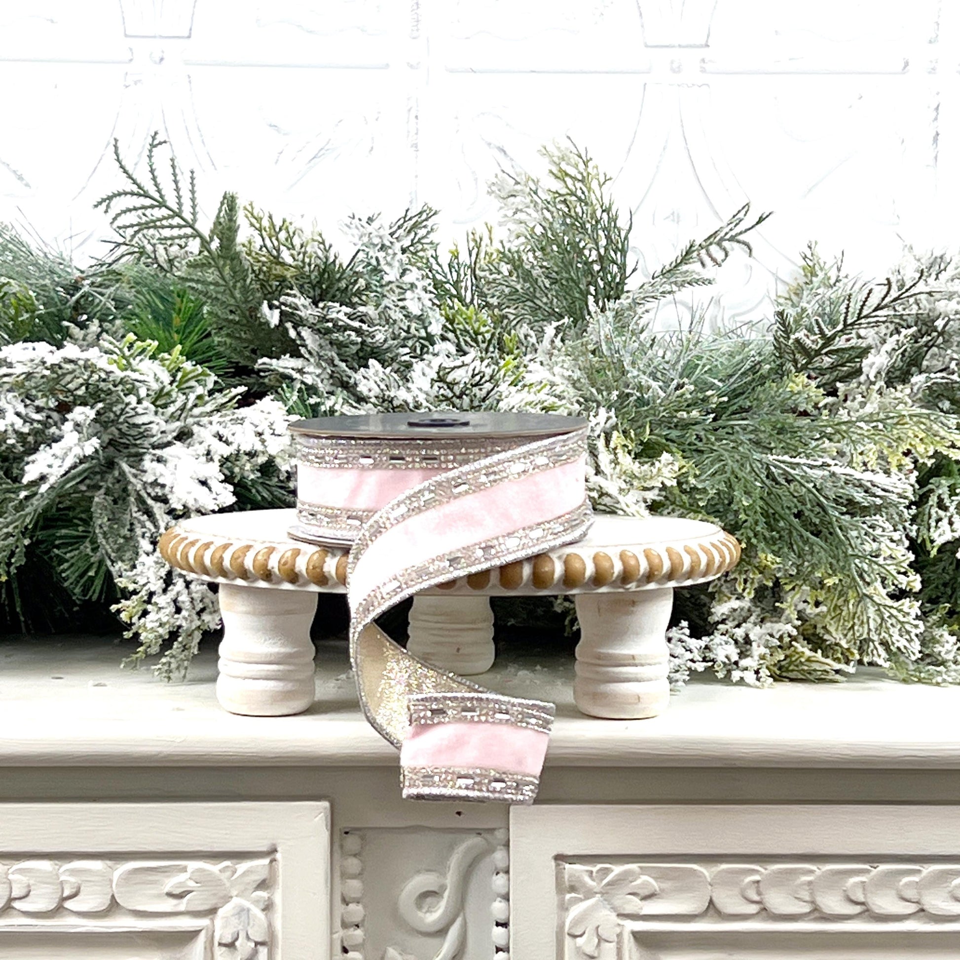 Farrisilk Shimmering Gems Pink Velvet Ribbon, Light Pink Jeweled Christmas Ribbon, Luxury Holiday Bow