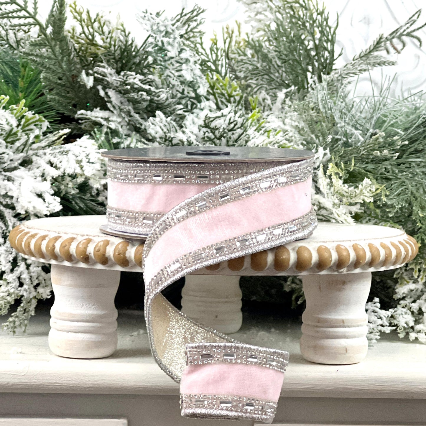 Farrisilk Shimmering Gems Pink Velvet Ribbon, Light Pink Jeweled Christmas Ribbon, Luxury Holiday Bow