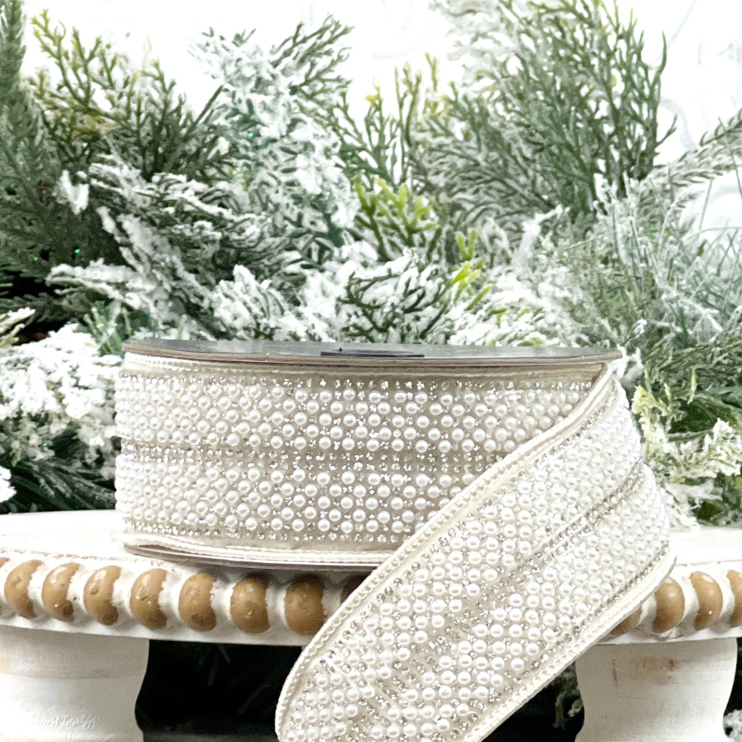 Farrisilk Audrey Pearls Ribbon, Ivory Pearl and Rhinestone Wired Ribbon, Jeweled Holiday Ribbon