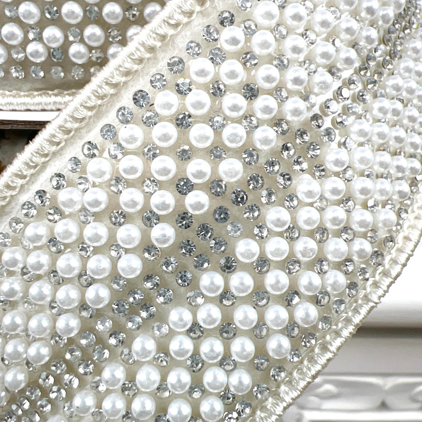Farrisilk Audrey Pearls Ribbon, Ivory Pearl and Rhinestone Wired Ribbon, Jeweled Holiday Ribbon