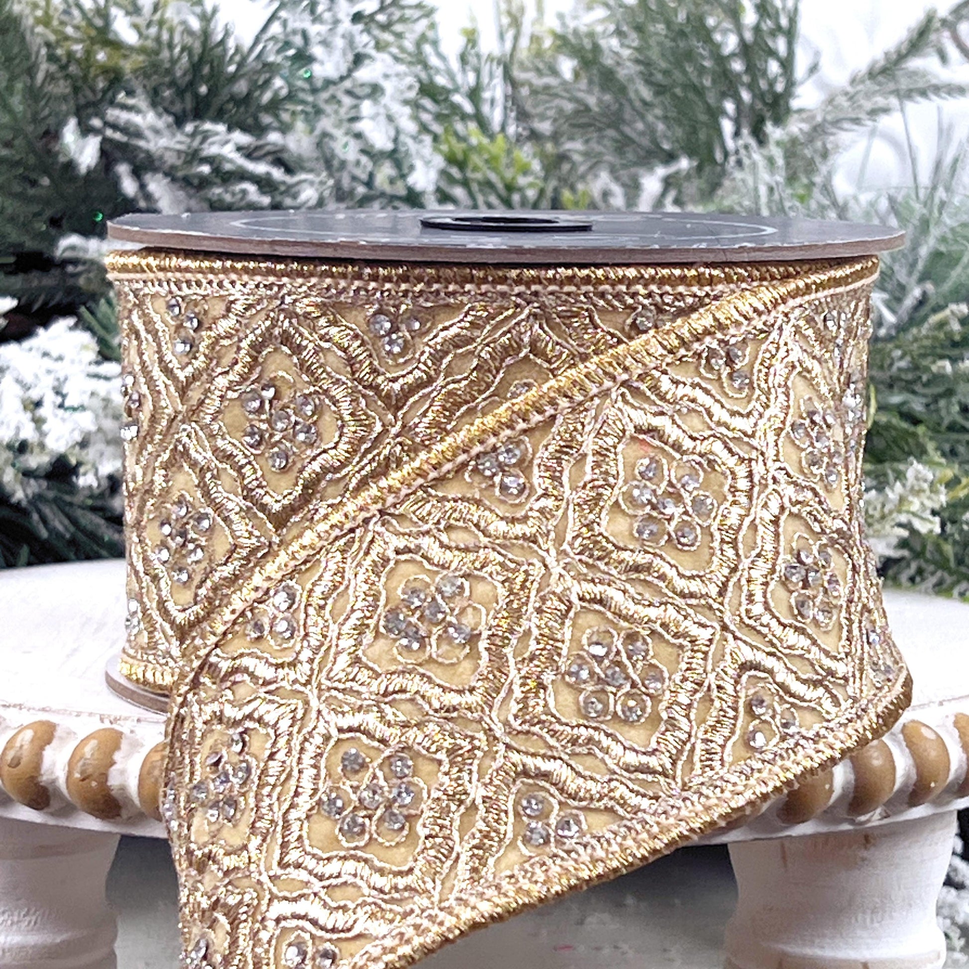 Farrisilk Heirloom Tapestry Ribbon, Gold Embroidered Ribbon with Rhinestones, Jeweled Christmas Ribbon