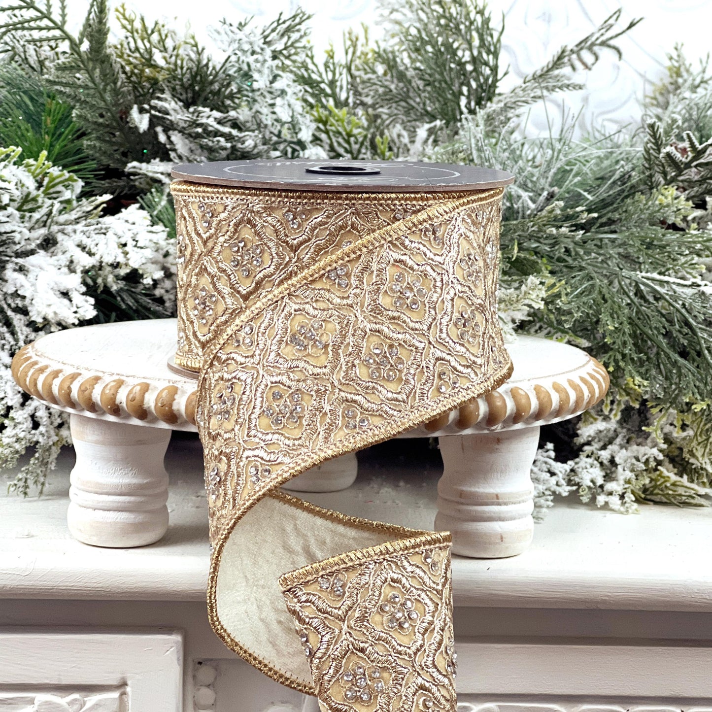 Farrisilk Heirloom Tapestry Ribbon, Gold Embroidered Ribbon with Rhinestones, Jeweled Christmas Ribbon