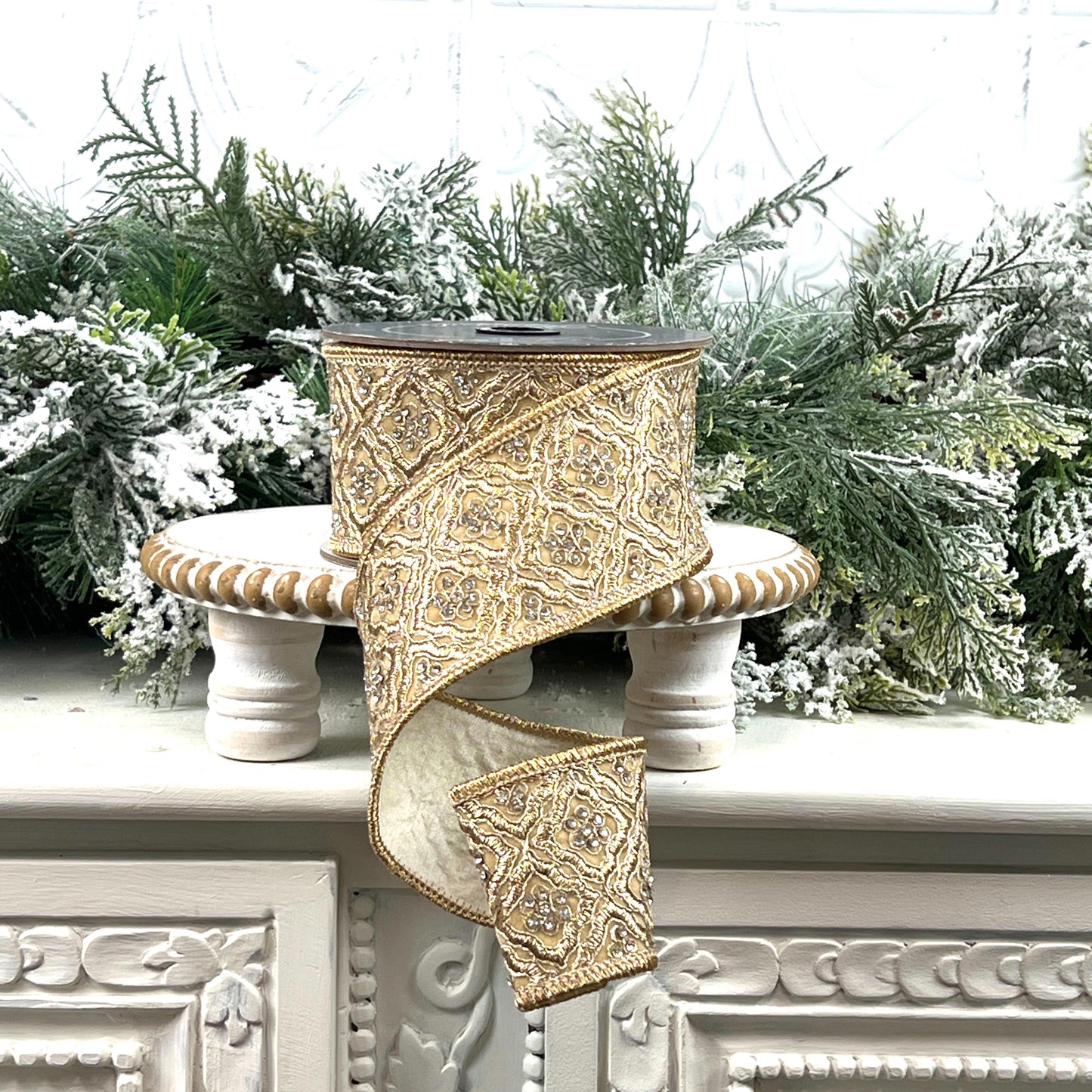 Farrisilk Heirloom Tapestry Ribbon, Gold Embroidered Ribbon with Rhinestones, Jeweled Christmas Ribbon