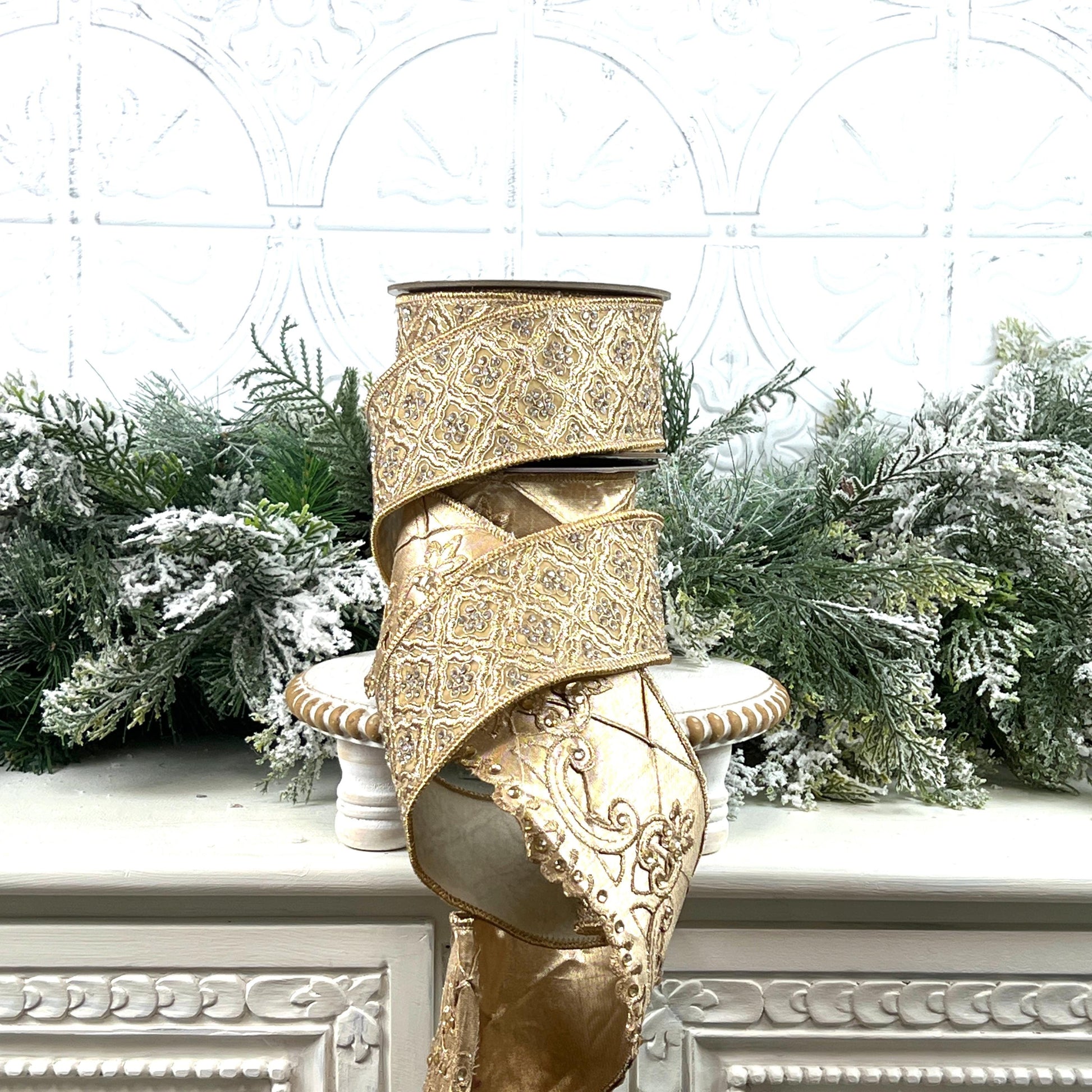 Farrisilk Heirloom Tapestry Ribbon, Gold Embroidered Ribbon with Rhinestones, Jeweled Christmas Ribbon