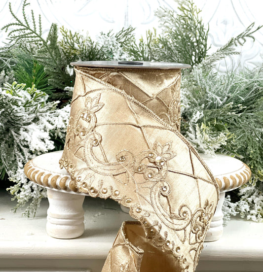 Farrisilk Scalloped Diamonds Ribbon, Champagne Embroidered Ribbon with Rhinestones, Jeweled Holiday Decor