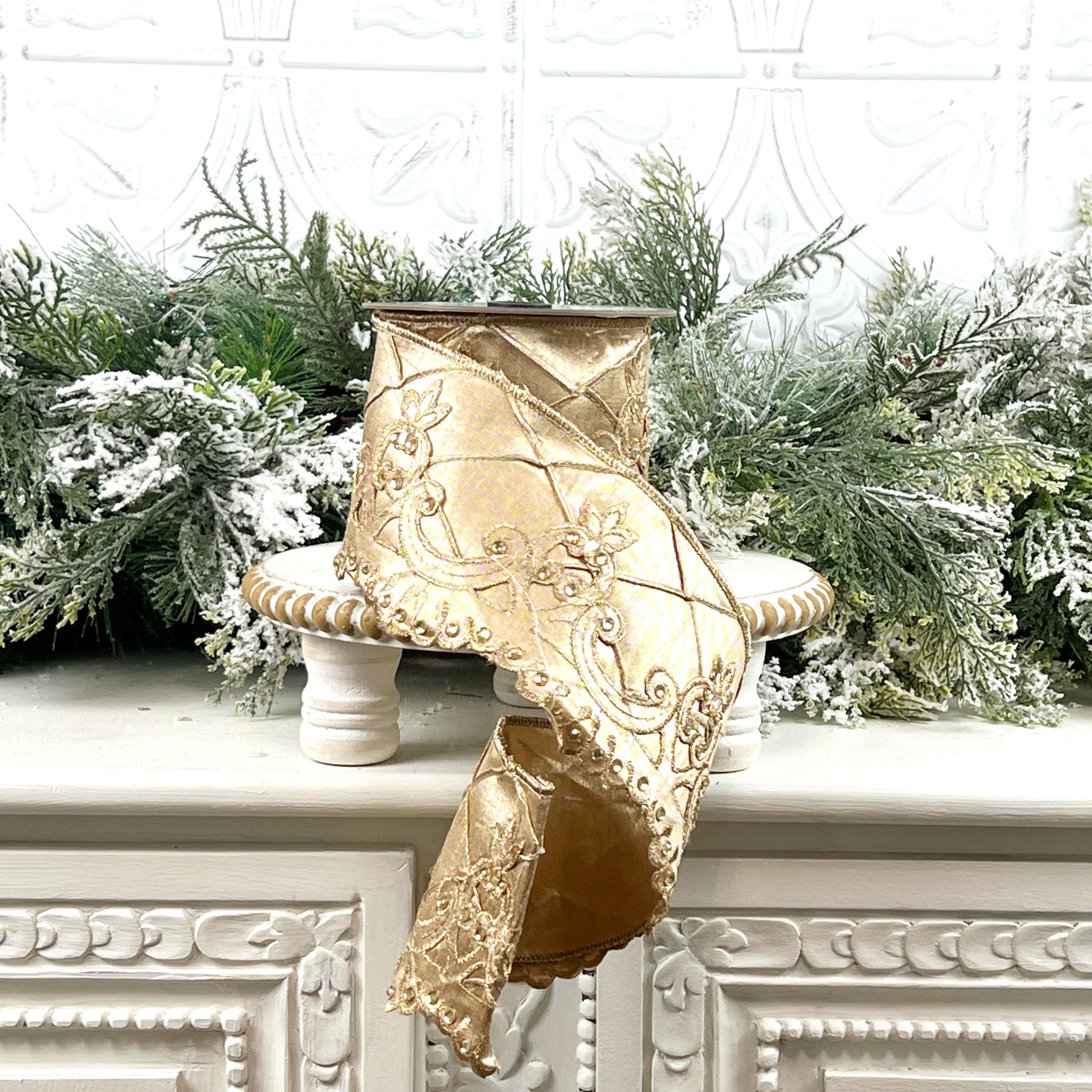 Farrisilk Scalloped Diamonds Ribbon, Champagne Embroidered Ribbon with Rhinestones, Jeweled Holiday Decor