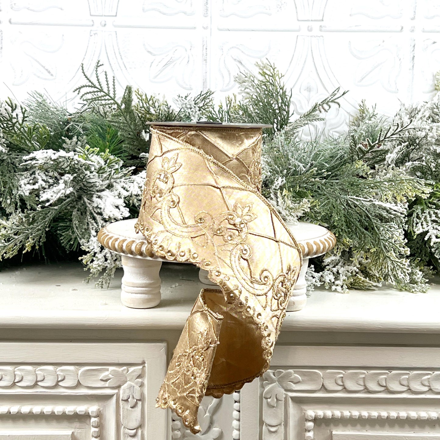 Farrisilk Scalloped Diamonds Ribbon, Champagne Embroidered Ribbon with Rhinestones, Jeweled Holiday Decor