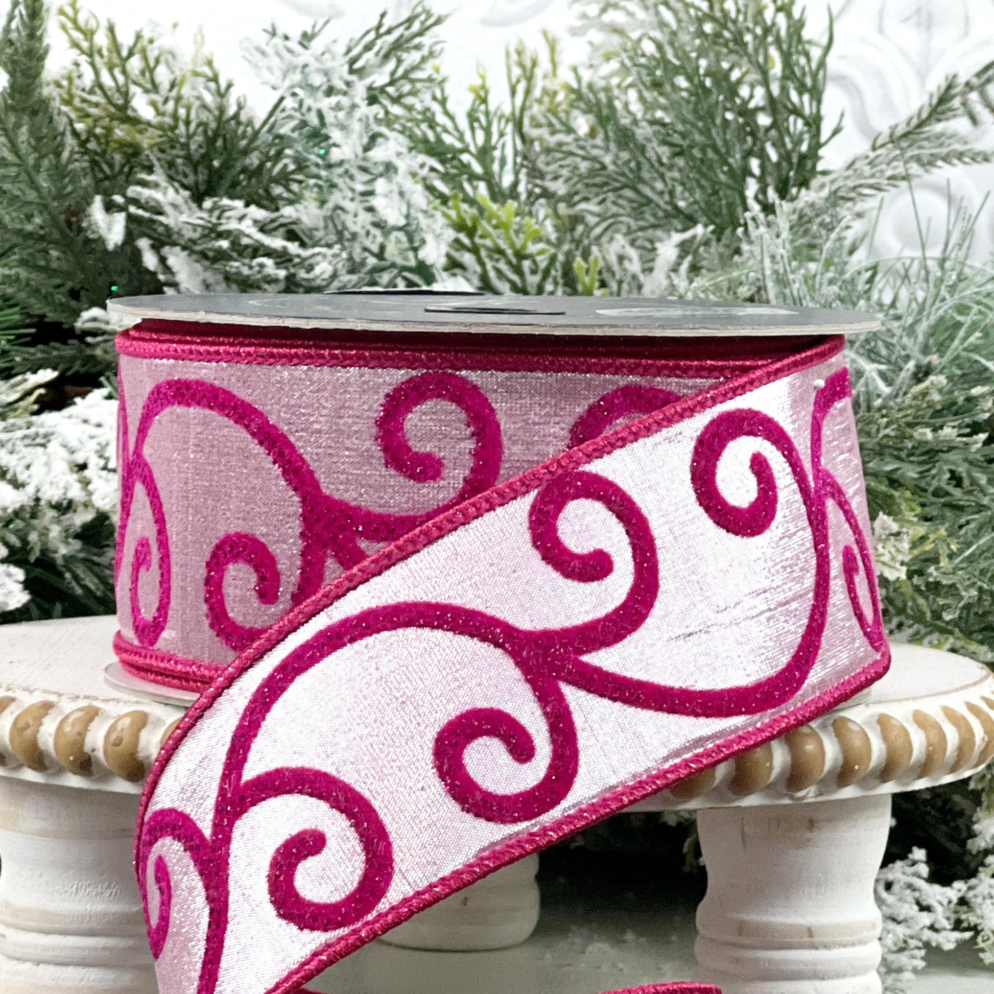 Farrisilk Pink Swirled Ribbon, Fuchsia Scroll Wired Ribbon, Whimsical Holiday Valentine Spring Decor