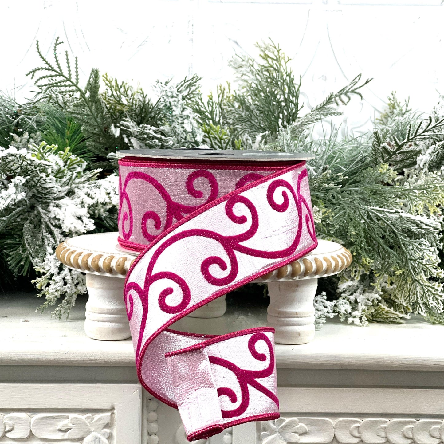 Farrisilk Pink Swirled Ribbon, Fuchsia Scroll Wired Ribbon, Whimsical Holiday Valentine Spring Decor