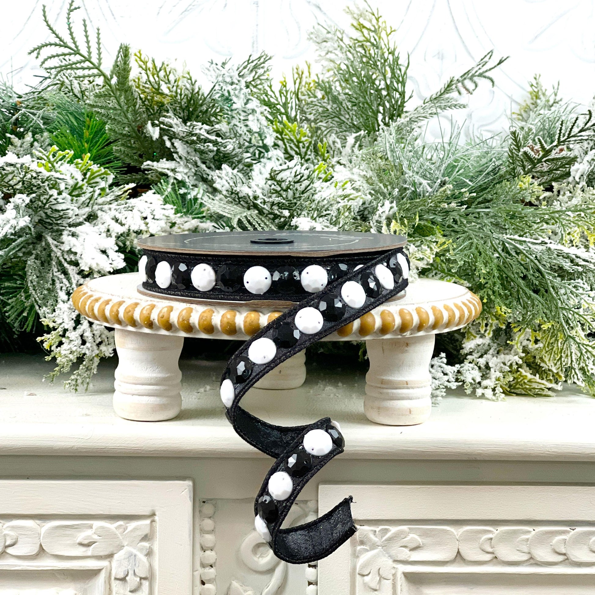 Farrisilk Black and White Jeweled Ribbon, Rhinestone Wired Ribbon, Designer Christmas Tree Trimming