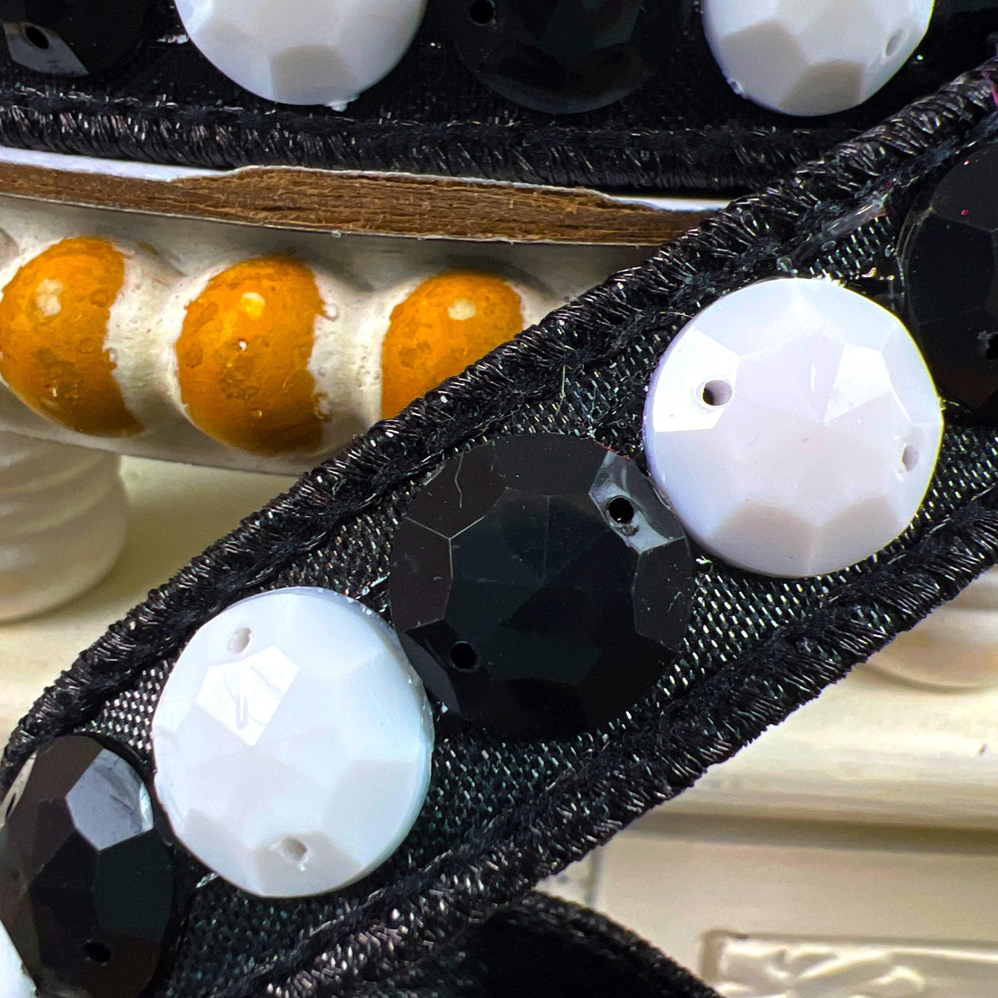 Farrisilk Black and White Jeweled Ribbon, Rhinestone Wired Ribbon, Designer Christmas Tree Trimming