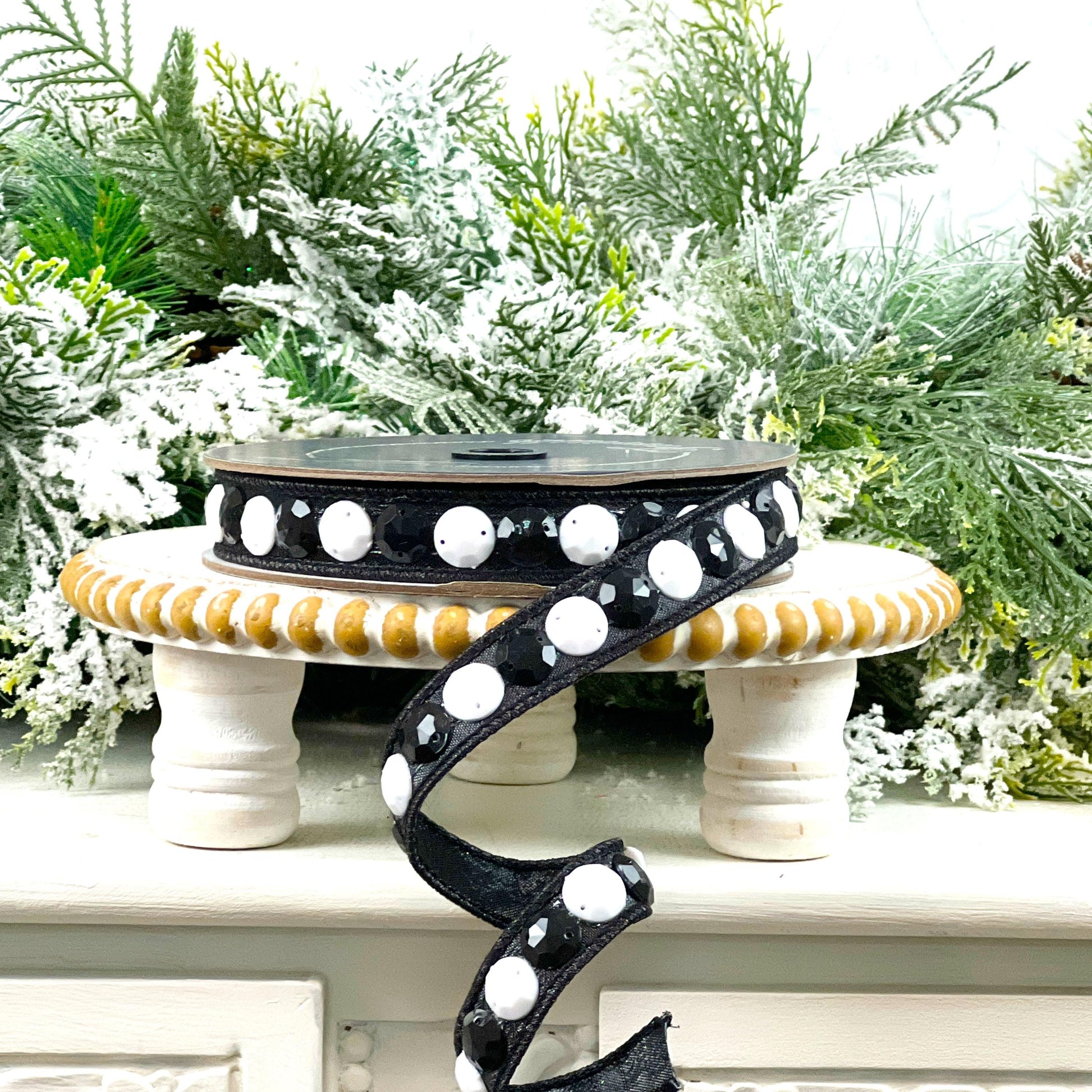 Farrisilk Black and White Jeweled Ribbon, Rhinestone Wired Ribbon, Designer Christmas Tree Trimming
