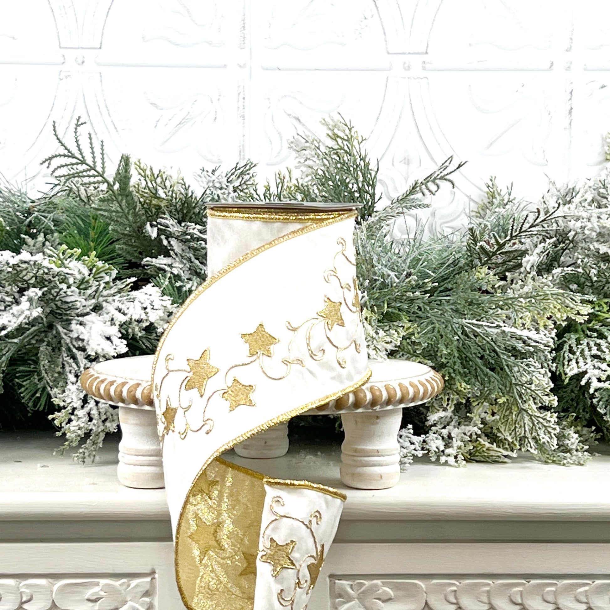 Farrisilk Embroidered Star Ribbon, White and Gold Wired Ribbon with Stars, Christmas Tree Trimming