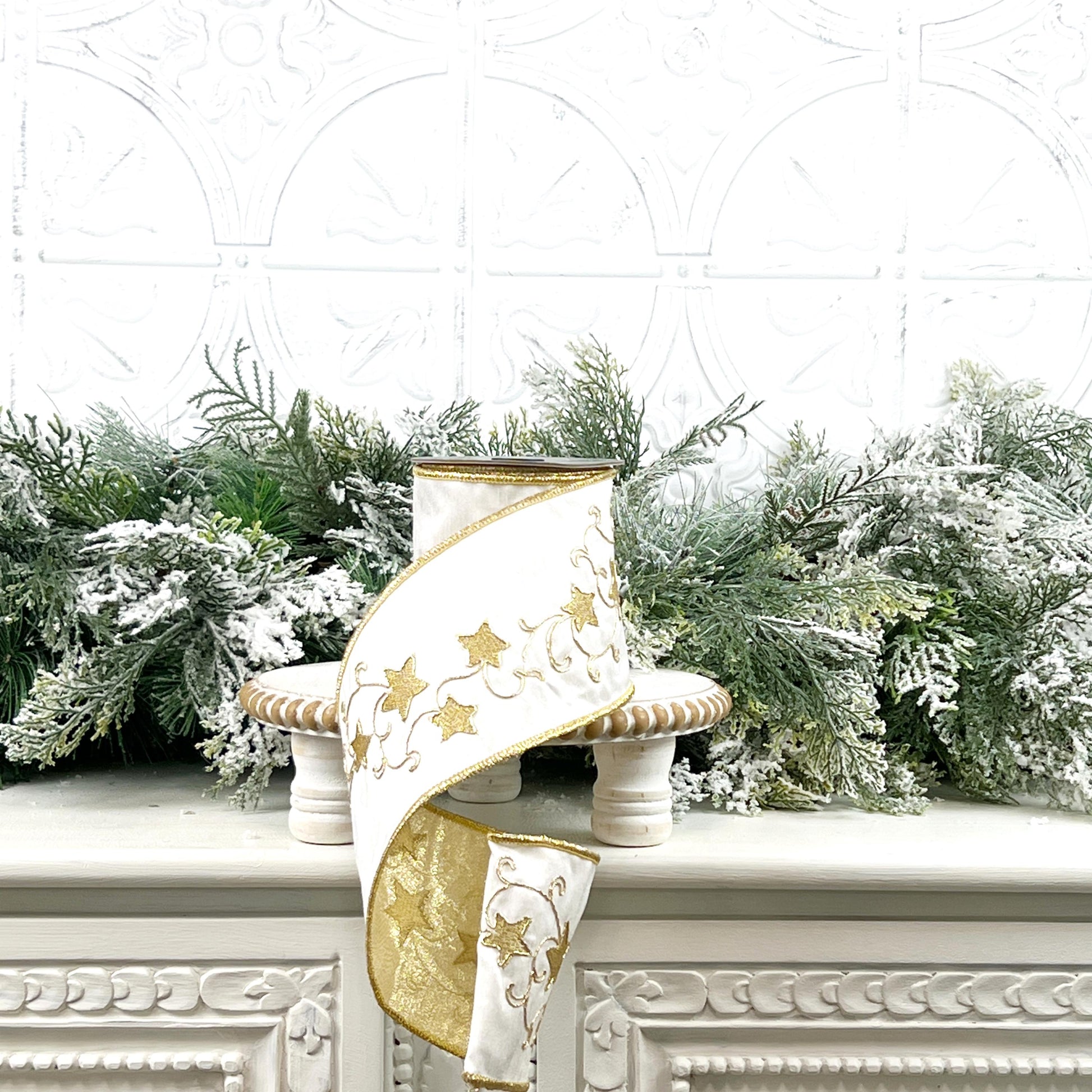 Farrisilk Embroidered Star Ribbon, White and Gold Wired Ribbon with Stars, Christmas Tree Trimming