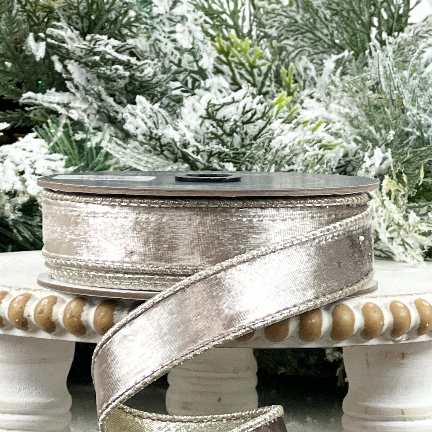 Farrisilk Platinum Satin Velvet Ribbon, Metallic Wired Ribbon, Luxury Christmas Tree Trimming Ribbon