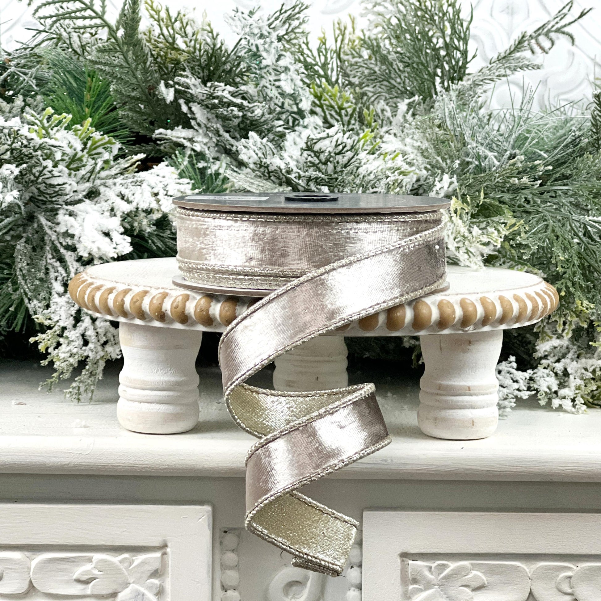 Farrisilk Platinum Satin Velvet Ribbon, Metallic Wired Ribbon, Luxury Christmas Tree Trimming Ribbon