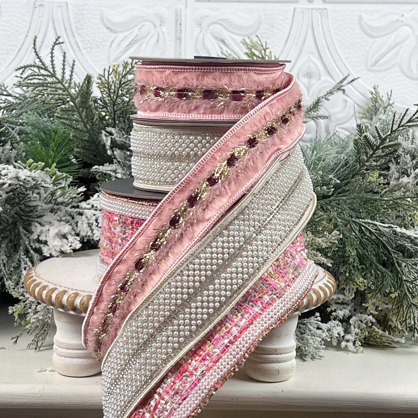 Farrisilk Pink Burgundy Gold Ribbon, Pink Tinsel Holiday Ribbon, Christmas Wreath and Tree Trimming Ribbon
