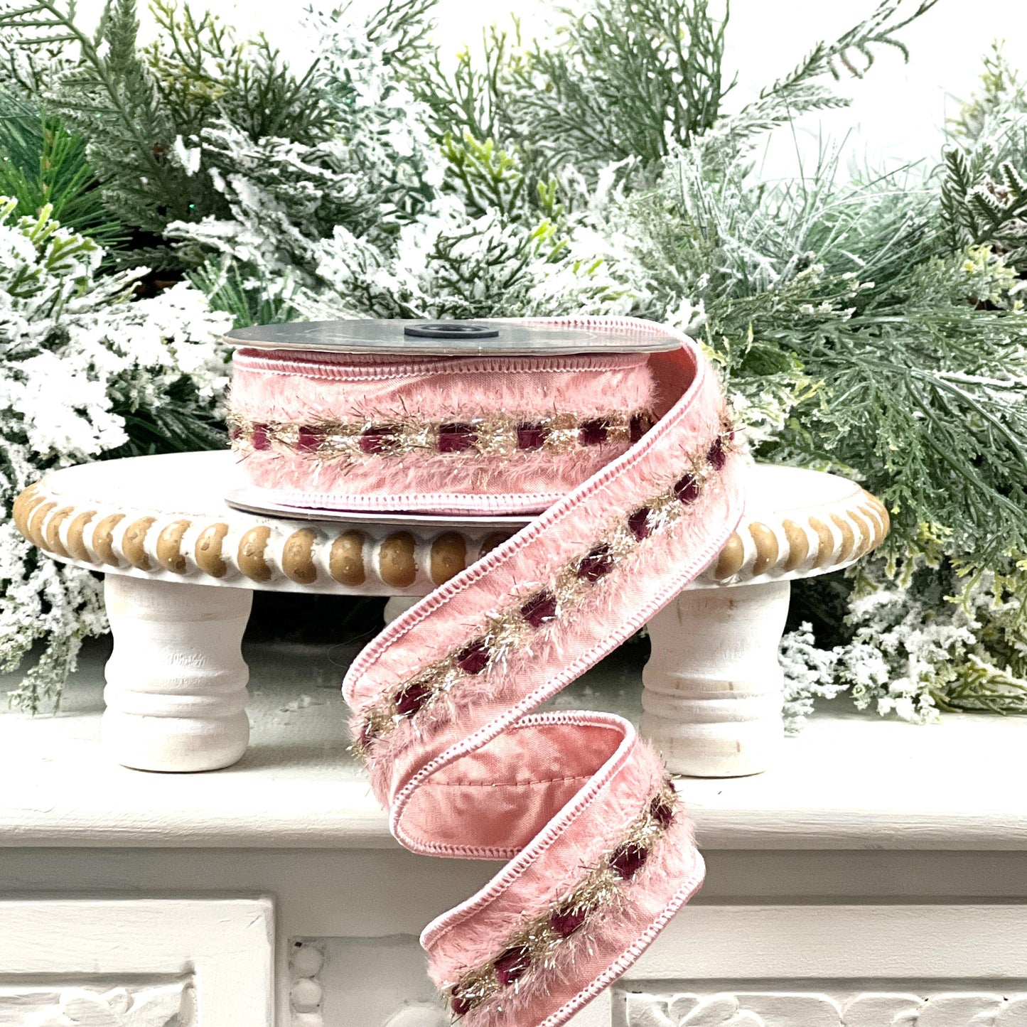 Farrisilk Pink Burgundy Gold Ribbon, Pink Tinsel Holiday Ribbon, Christmas Wreath and Tree Trimming Ribbon