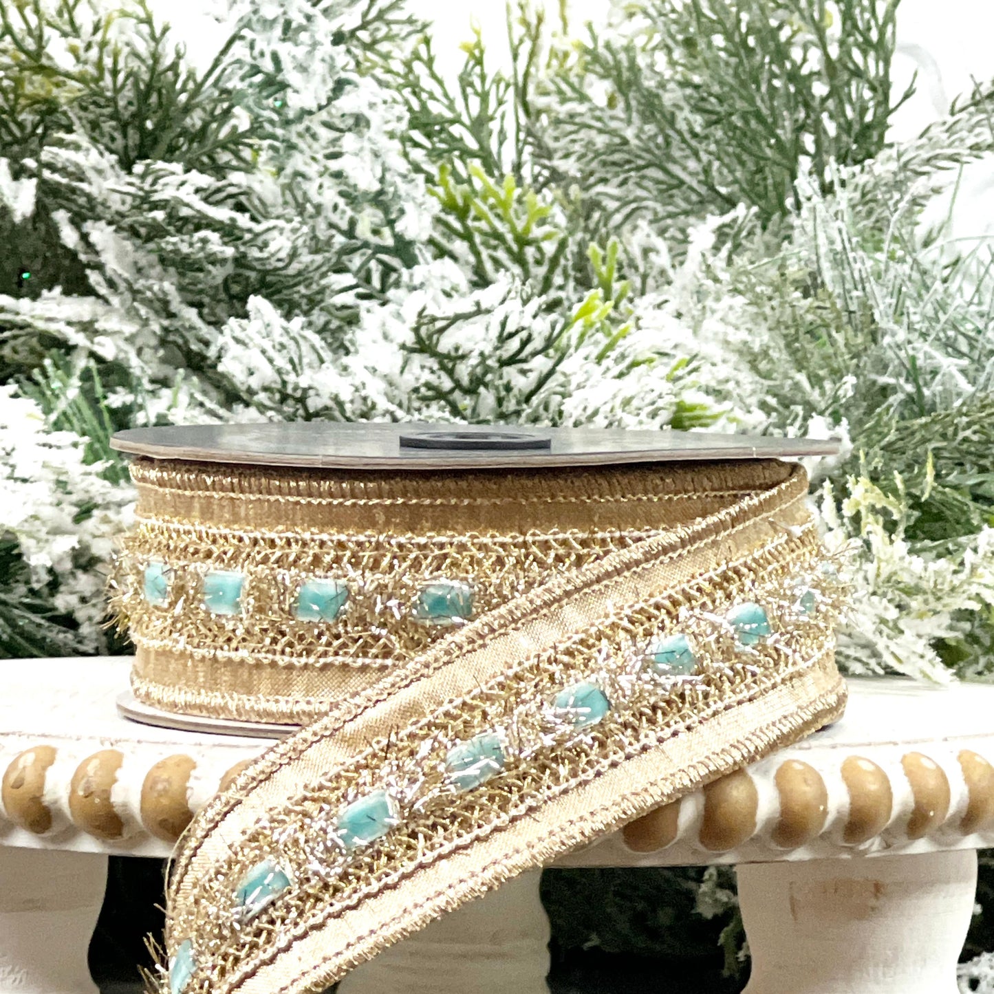 Farrisilk Light Blue Gold Ribbon, Velvet Tinsel Holiday Ribbon, Christmas Wreath and Tree Trimming Ribbon