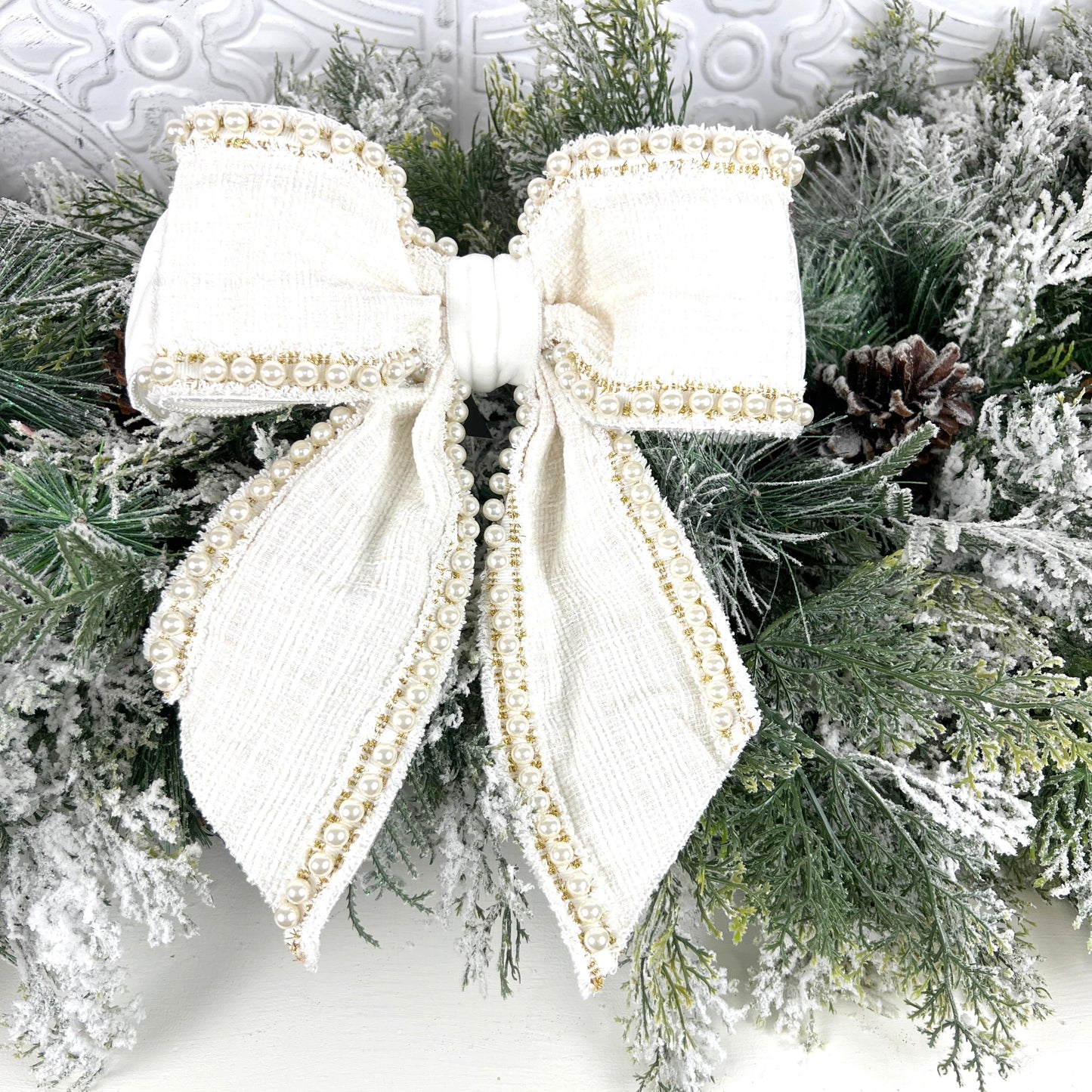 Farrisilk Ivory Pearl Bow, Tweed and Velvet Bow with Pearls, Luxury Wedding and Holiday Decoration